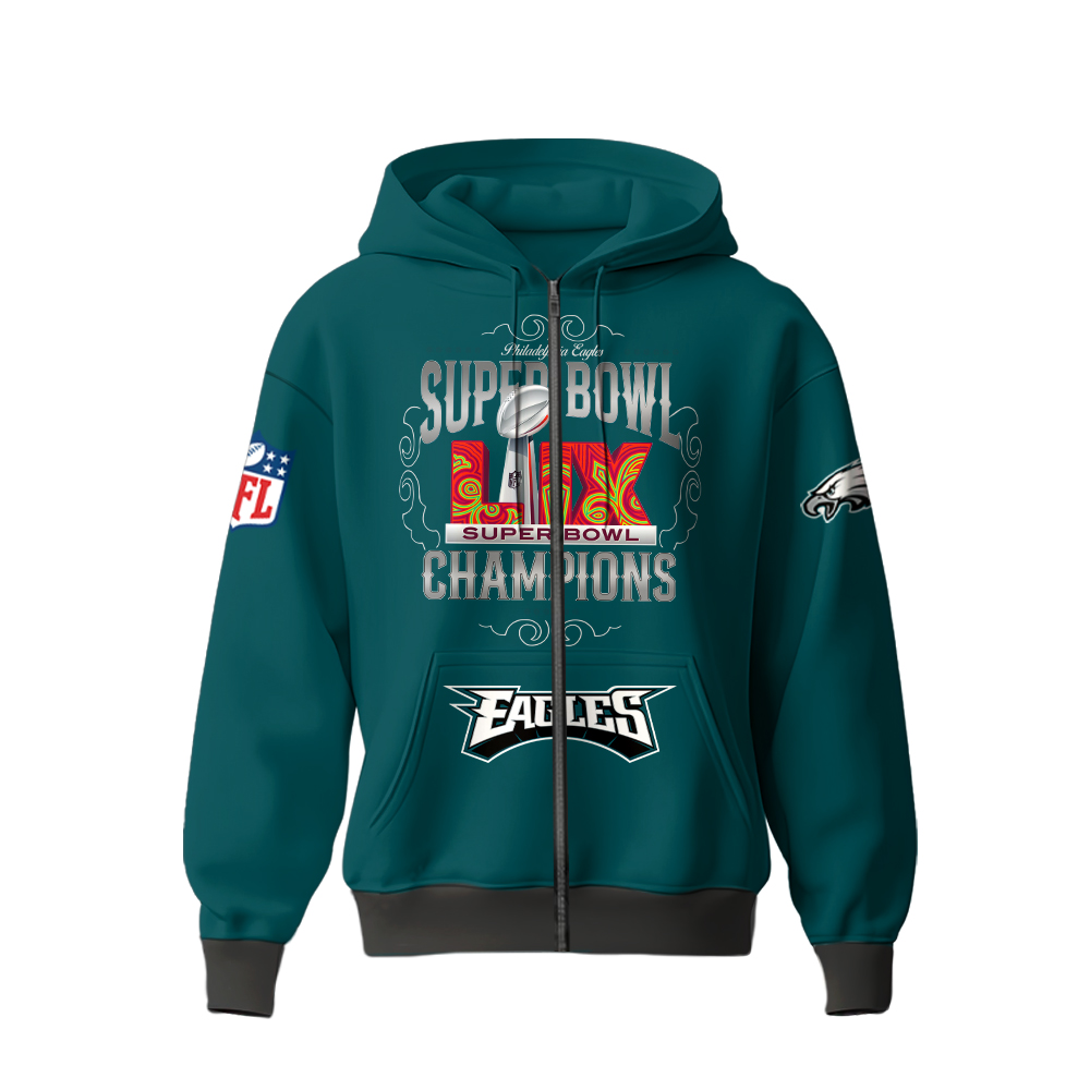 Philadelphia Eagles Super Bowl LIX Champions Zip Hoodie 2025 - Famjoys Philadelphia Eagles Super Bowl LIX Champions Zip Hoodie 2025 - Famjoys