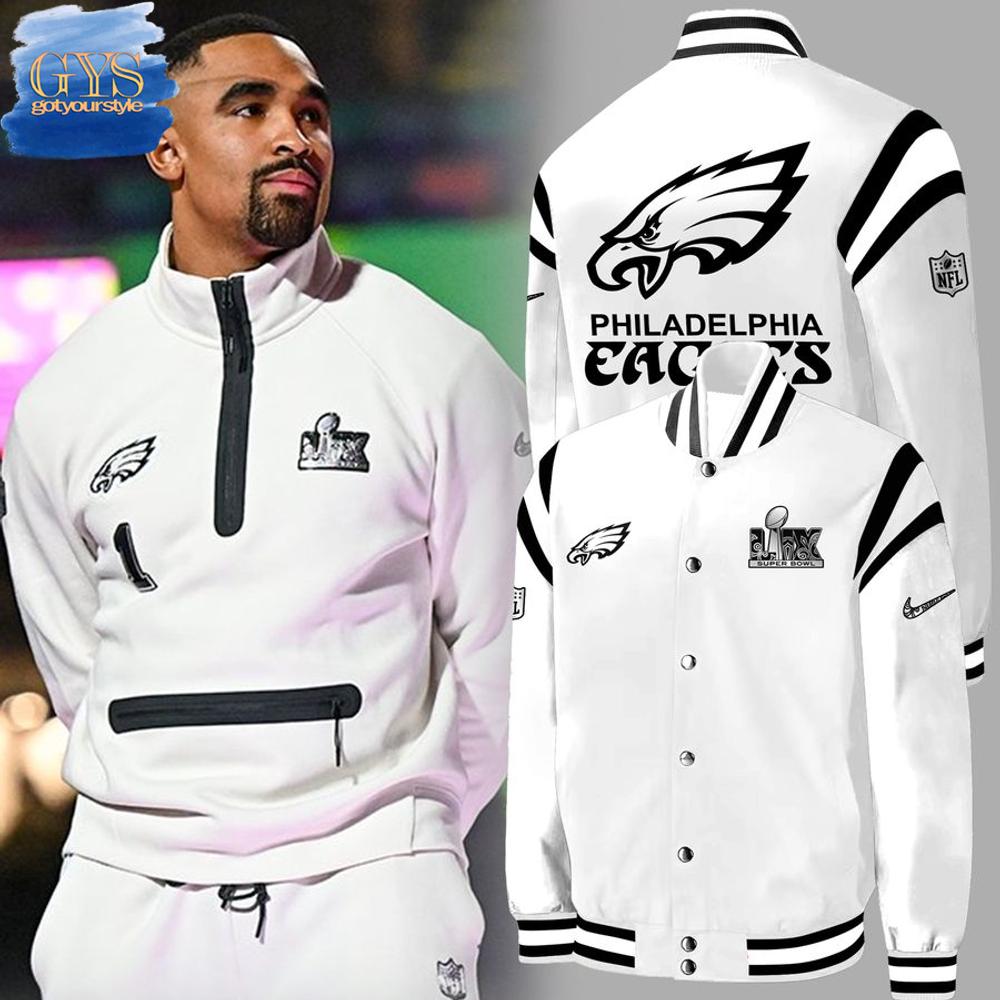 Philadelphia Eagles Super Bowl LIX Special White Baseball Jacket - Famjoys Philadelphia Eagles Super Bowl LIX Special White Baseball Jacket - Famjoys