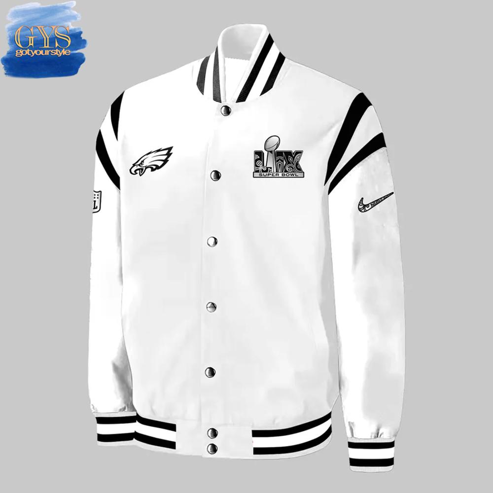 Philadelphia Eagles Super Bowl LIX Special White Baseball Jacket - Famjoys Philadelphia Eagles Super Bowl LIX Special White Baseball Jacket - Famjoys