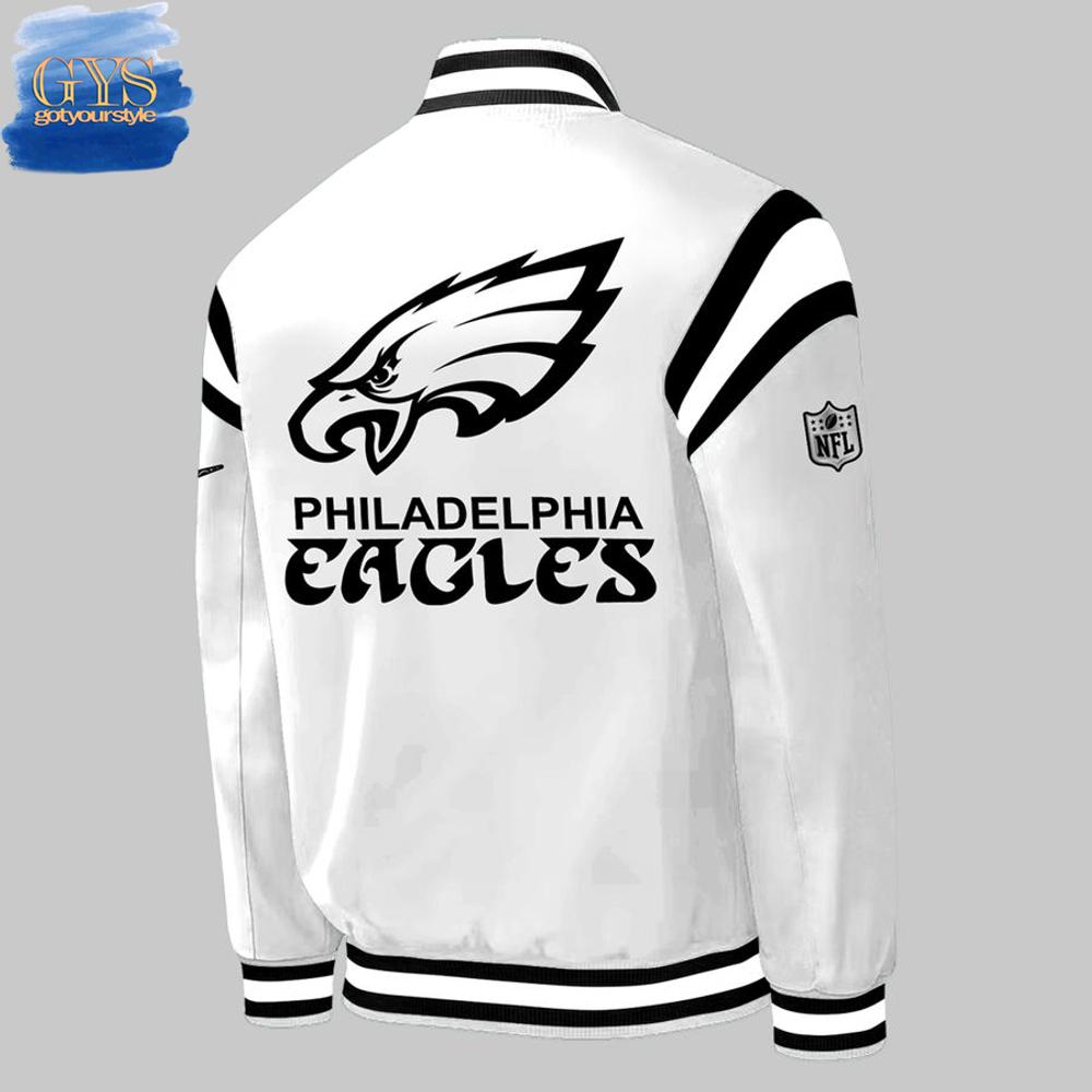 Philadelphia Eagles Super Bowl LIX Special White Baseball Jacket - Famjoys Philadelphia Eagles Super Bowl LIX Special White Baseball Jacket - Famjoys
