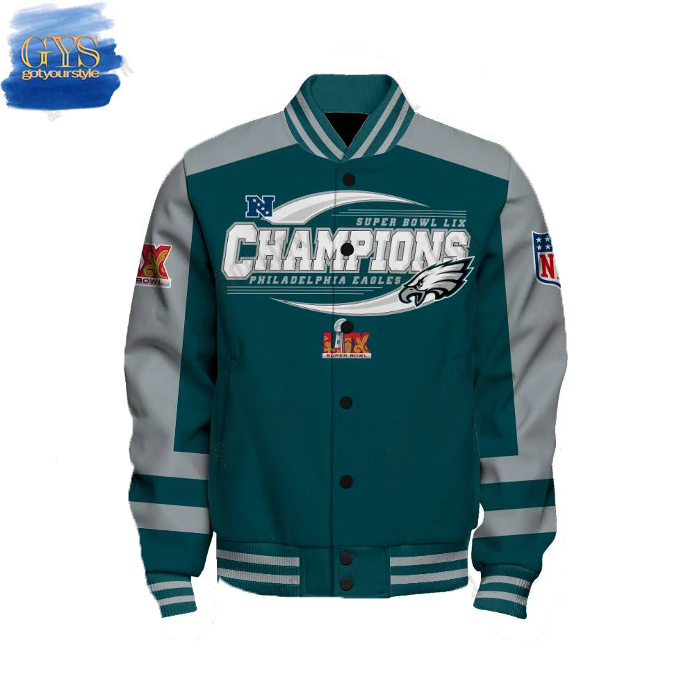 Philadelphia Eagles Super Bowl LIX Victory Baseball Jacket - Famjoys Philadelphia Eagles Super Bowl LIX Victory Baseball Jacket - Famjoys