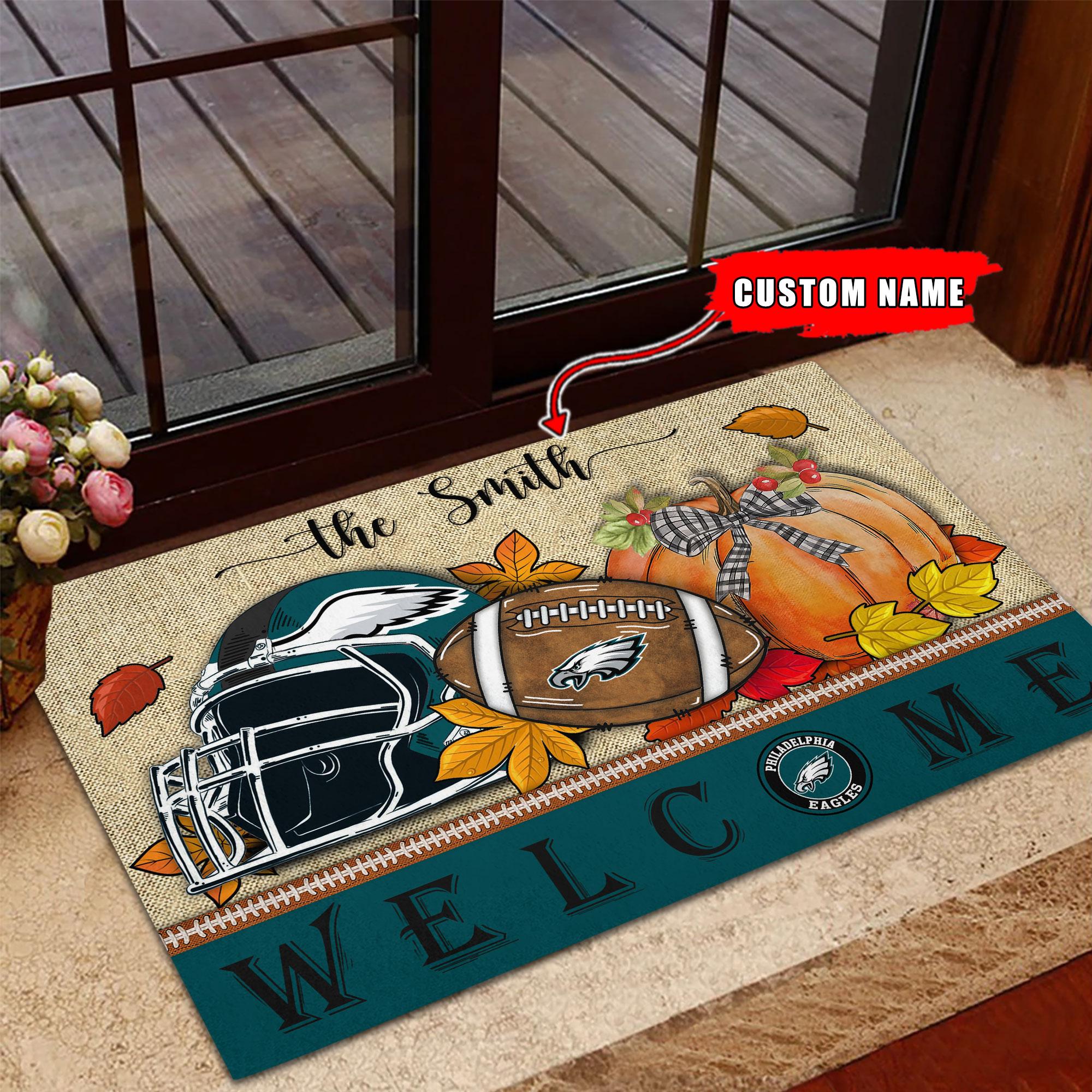 Philadelphia Eagles Welcome Fall Football Doormat - Famjoys Philadelphia Eagles Welcome Fall Football Doormat - Famjoys