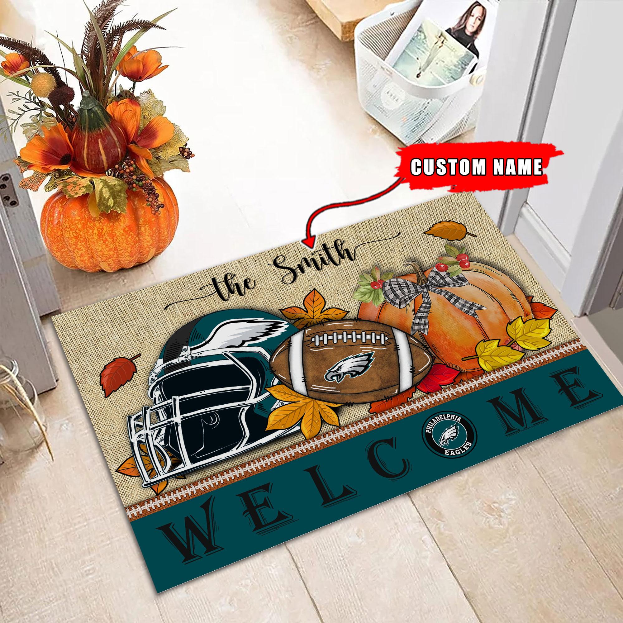 Philadelphia Eagles Welcome Fall Football Doormat - Famjoys Philadelphia Eagles Welcome Fall Football Doormat - Famjoys