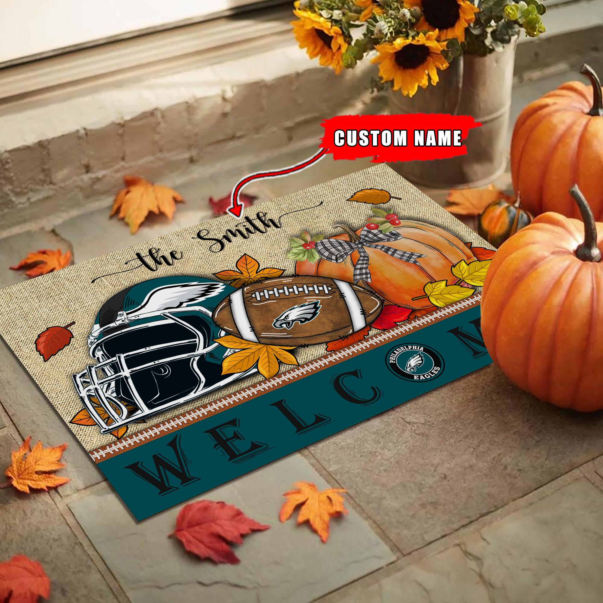 Philadelphia Eagles Welcome Fall Football Doormat - Famjoys Philadelphia Eagles Welcome Fall Football Doormat - Famjoys