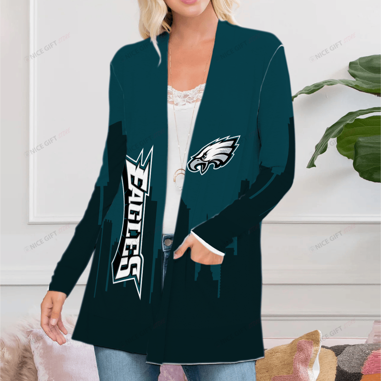 Philadelphia Eagles Women's Patch Pocket Cardigan PPC-I6O4 - Famjoys Philadelphia Eagles Women's Patch Pocket Cardigan PPC-I6O4 - Famjoys