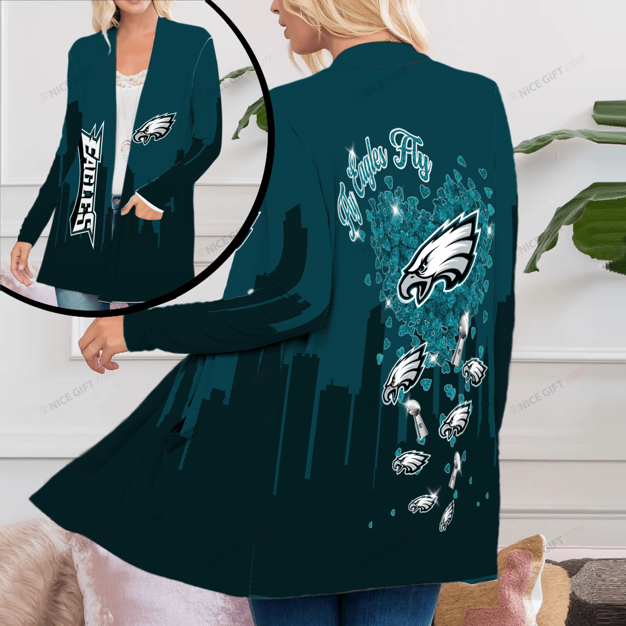 Philadelphia Eagles Women's Patch Pocket Cardigan PPC-I6O4 - Famjoys Philadelphia Eagles Women's Patch Pocket Cardigan PPC-I6O4 - Famjoys
