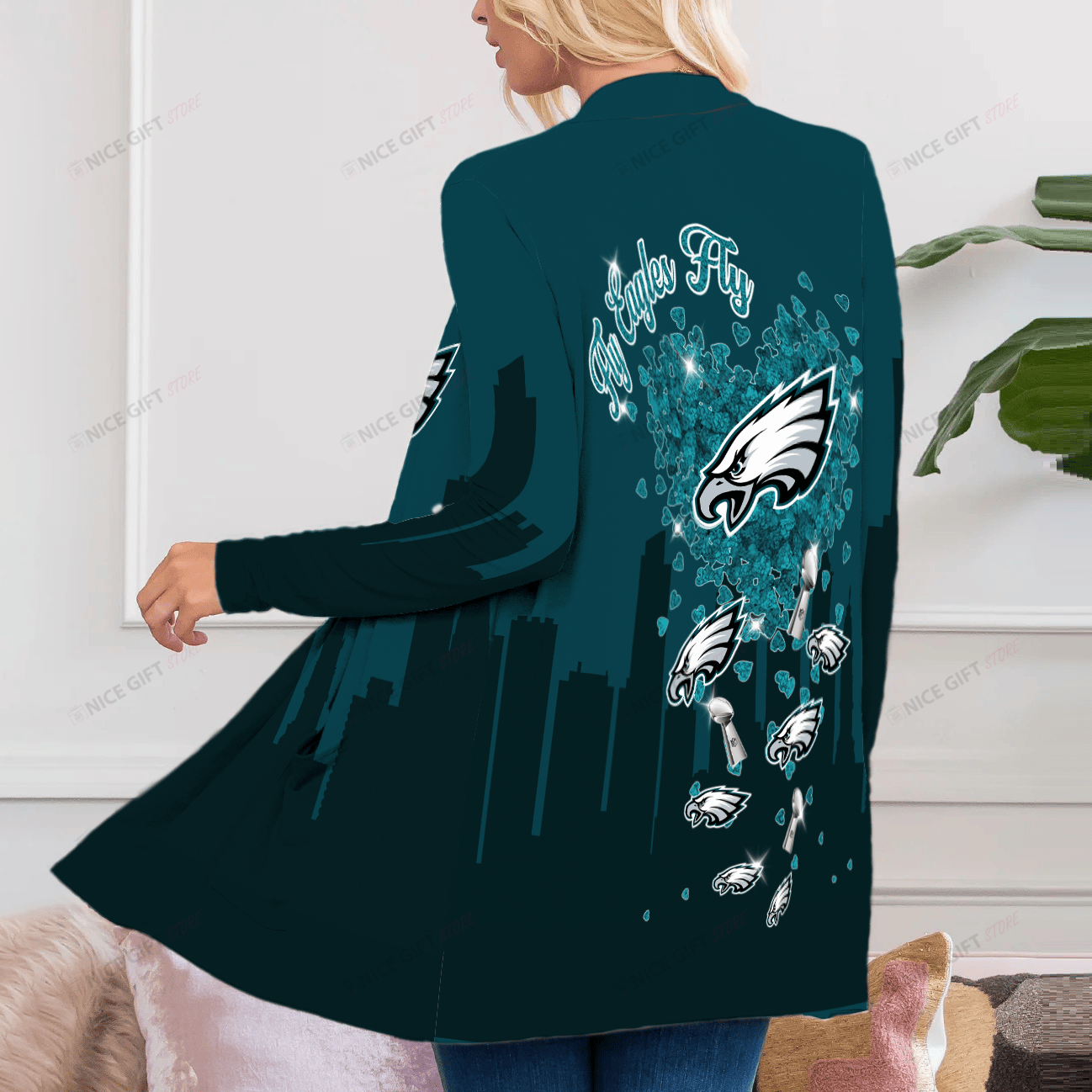 Philadelphia Eagles Women's Patch Pocket Cardigan PPC-I6O4 - Famjoys Philadelphia Eagles Women's Patch Pocket Cardigan PPC-I6O4 - Famjoys