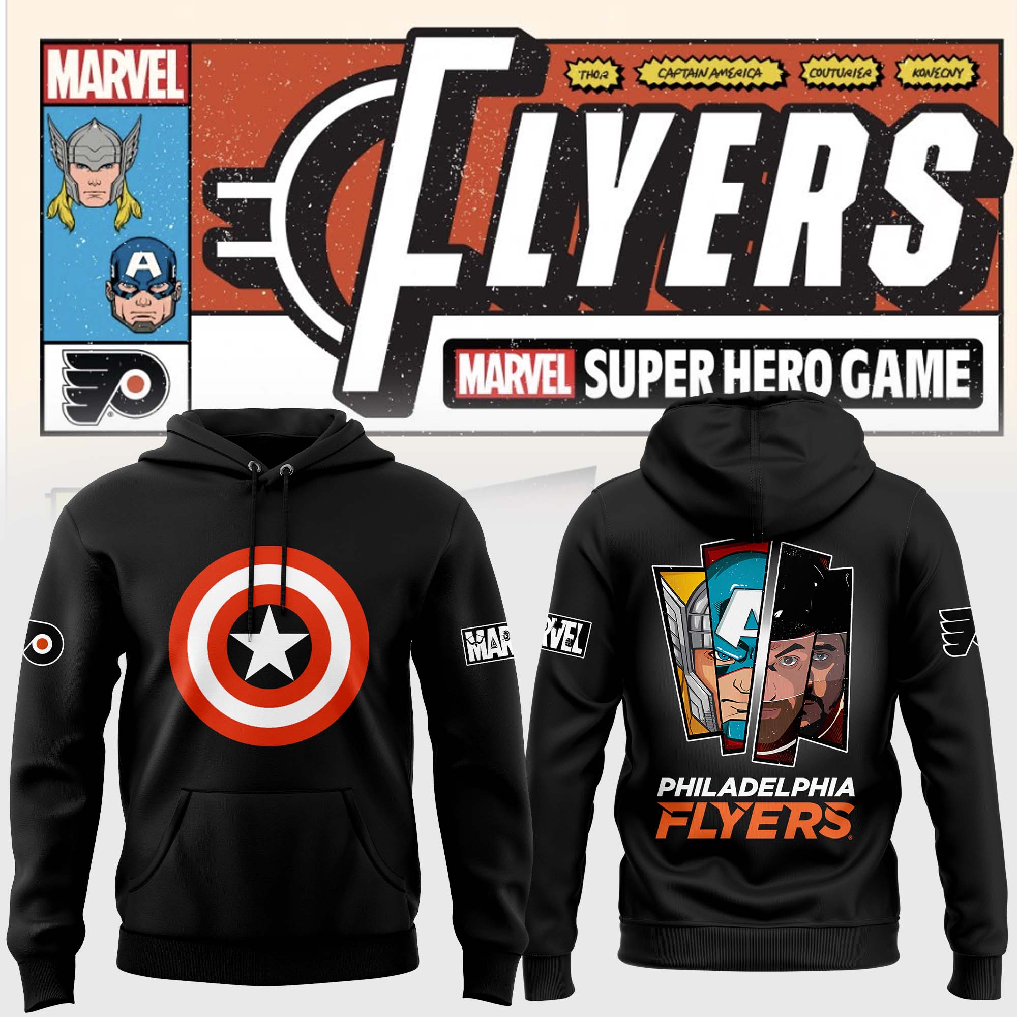 Philadelphia Flyers x 2025 Marvel Super Hero Game Premium Pullover Hoodie - Famjoys Philadelphia Flyers x 2025 Marvel Super Hero Game Premium Pullover Hoodie - Famjoys