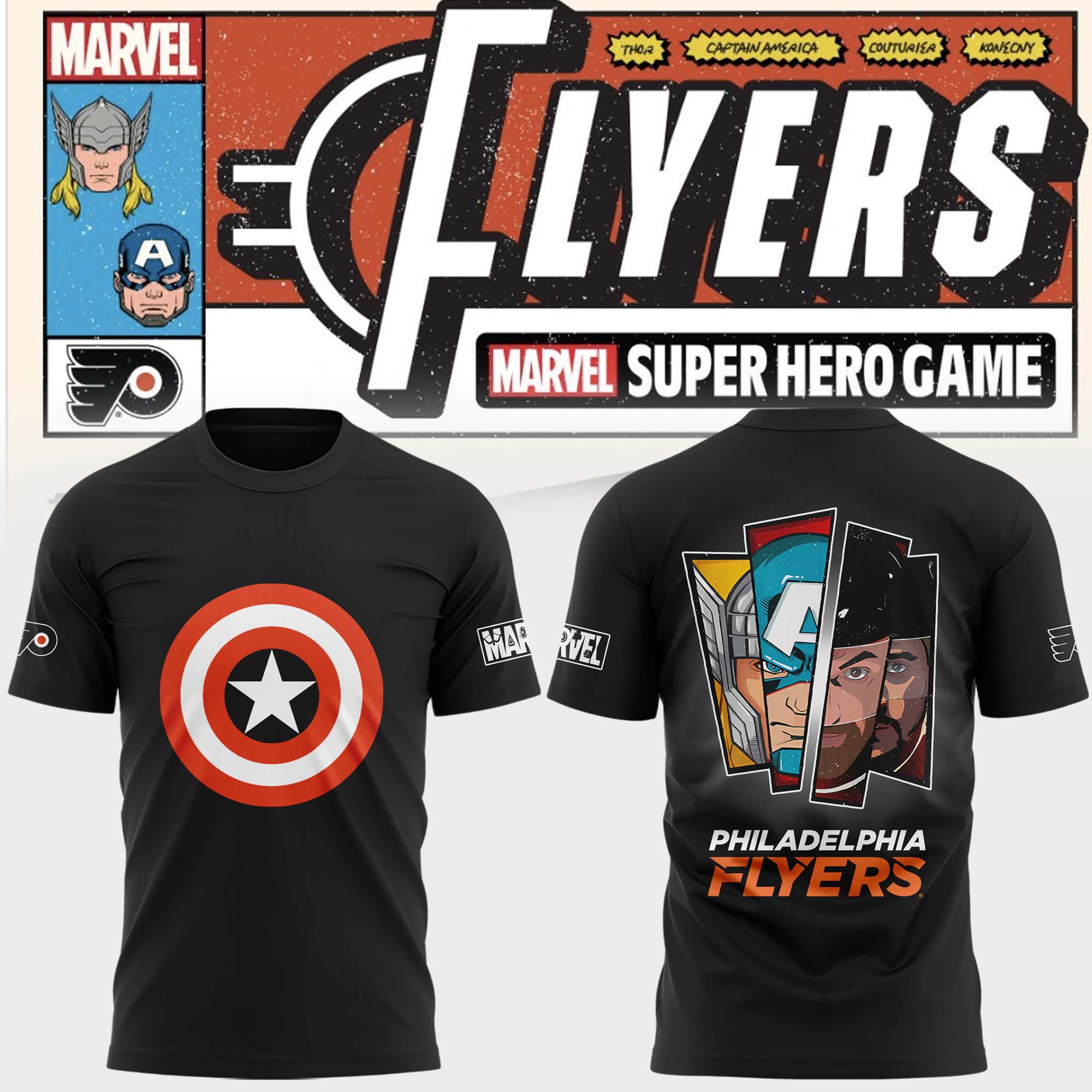 Philadelphia Flyers x 2025 Marvel Super Hero Game Premium Tee - Famjoys Philadelphia Flyers x 2025 Marvel Super Hero Game Premium Tee - Famjoys