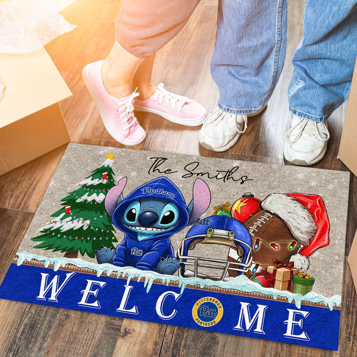 Pittsburgh Panthers Cute Stitch Christmas Doormat - Famjoys Pittsburgh Panthers Cute Stitch Christmas Doormat - Famjoys