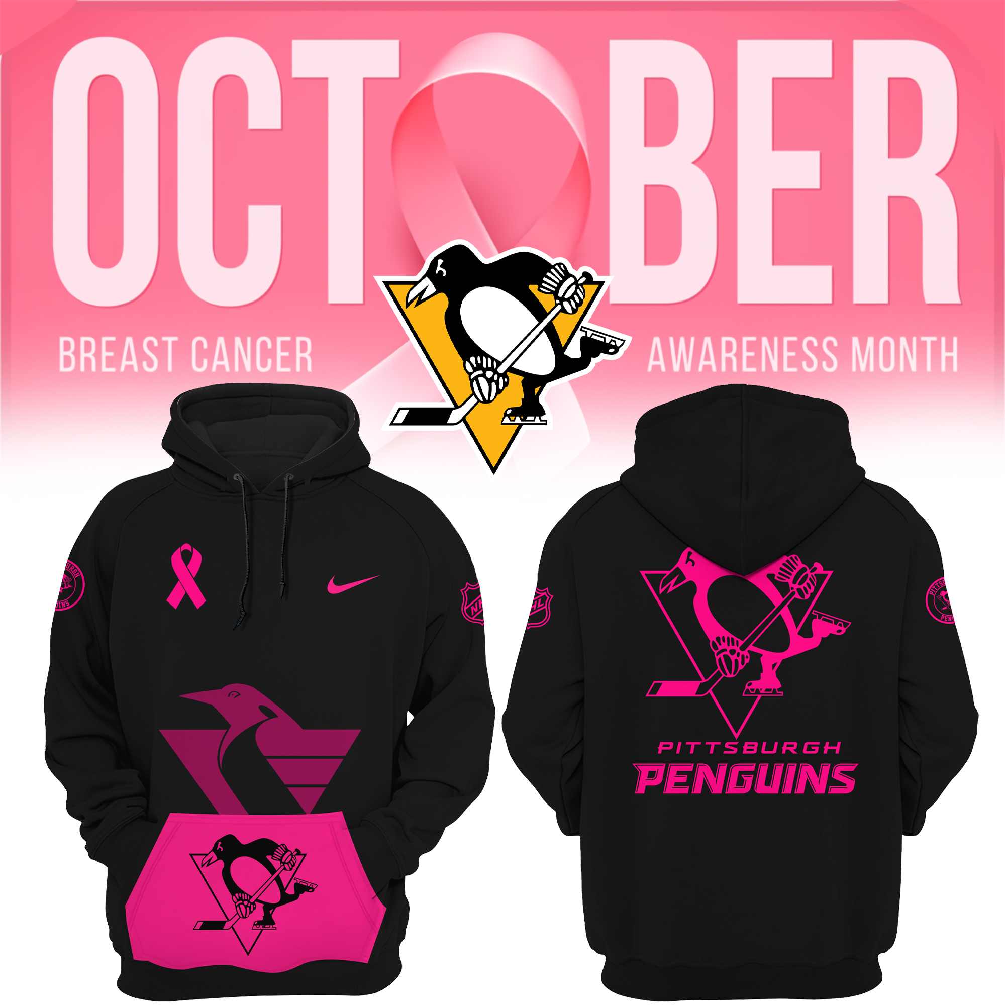 Pittsburgh Penguins Breast Cancer Awareness Month Pullover Hoodie - Famjoys Pittsburgh Penguins Breast Cancer Awareness Month Pullover Hoodie - Famjoys