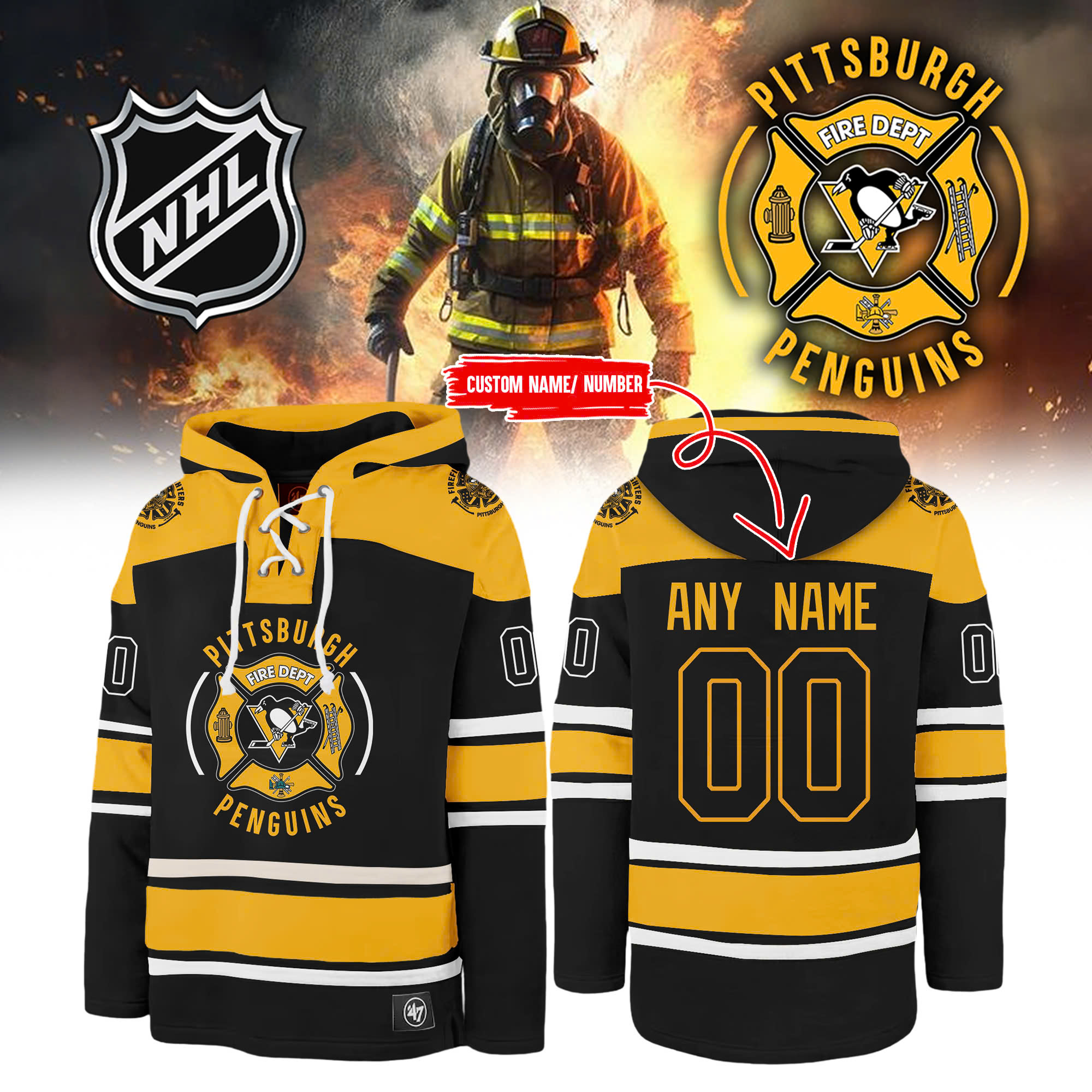 Pittsburgh Penguins x Firefighter Appreciation Night Premium Lace up Hoodie - Famjoys Pittsburgh Penguins x Firefighter Appreciation Night Premium Lace up Hoodie - Famjoys