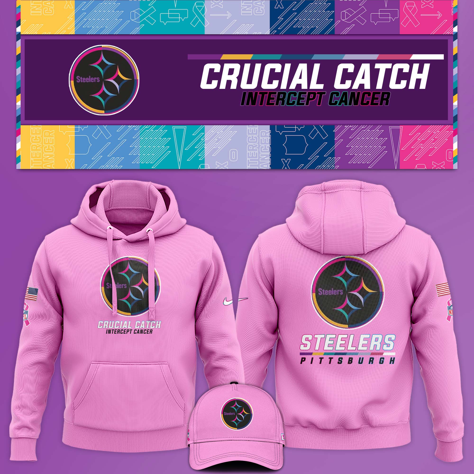 Pittsburgh Steeler Crucial Catch Hoodie V1 Pink - Famjoys Pittsburgh Steeler Crucial Catch Hoodie V1 Pink - Famjoys