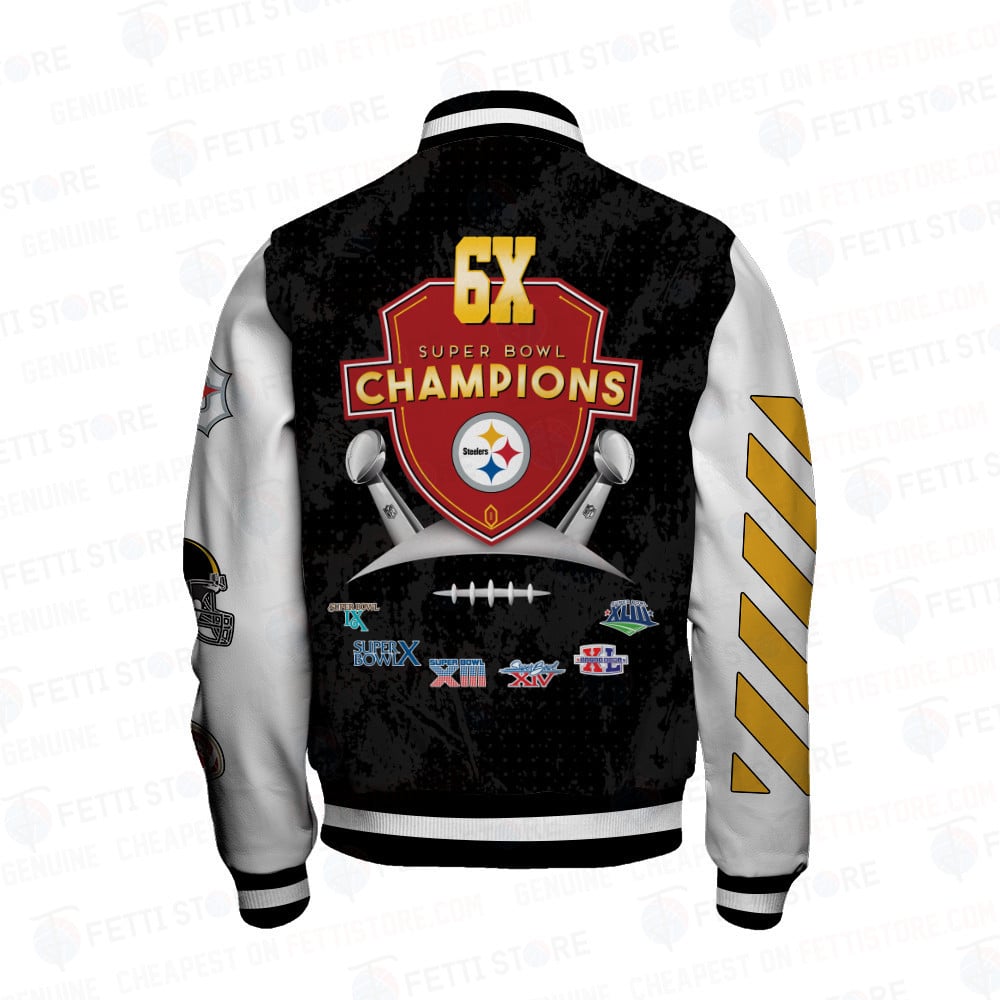 Pittsburgh Steelers 6X Champions Print Varsity Jacket SFAT V9 - Famjoys Pittsburgh Steelers 6X Champions Print Varsity Jacket SFAT V9 - Famjoys