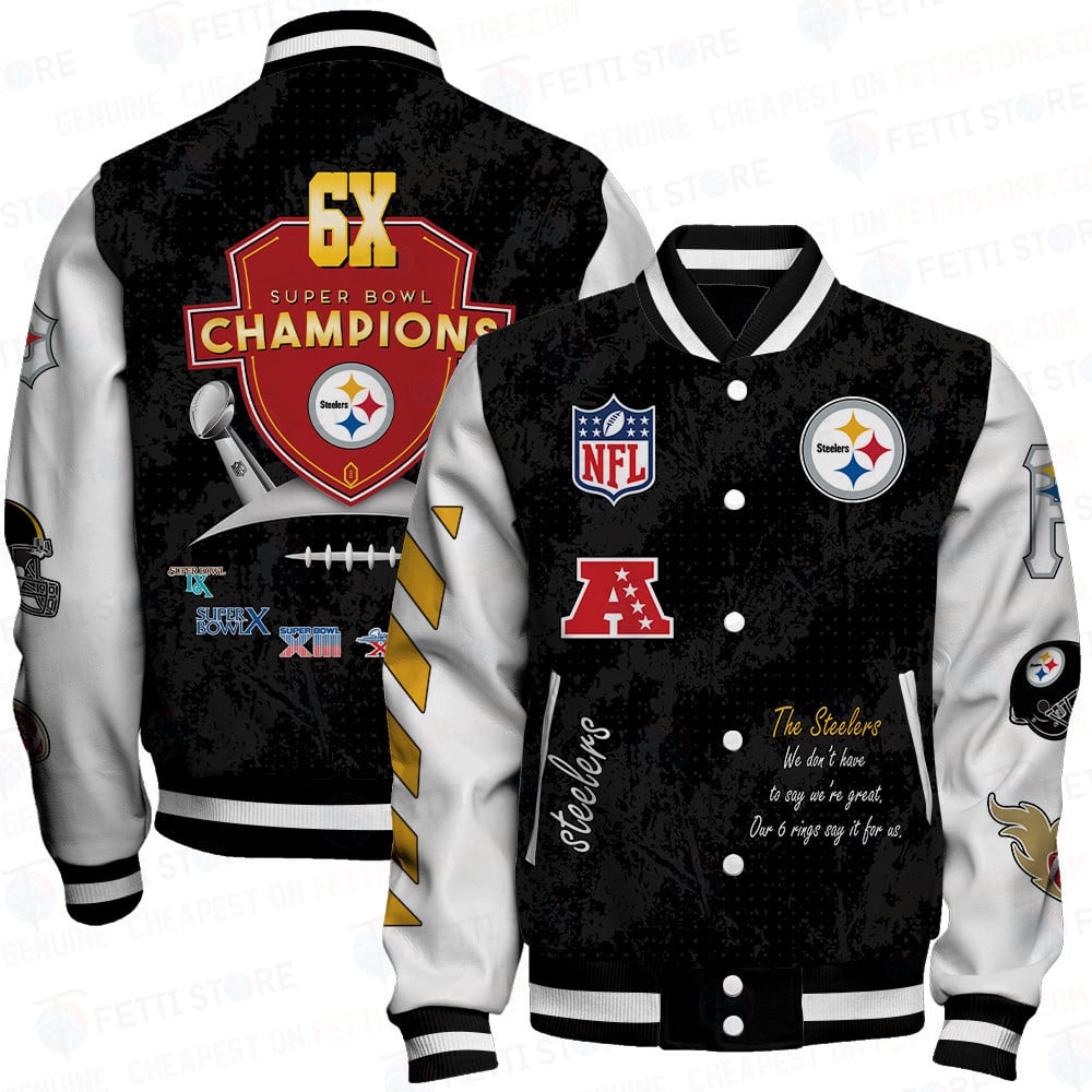 Pittsburgh Steelers 6X Champions Print Varsity Jacket SFAT V9 - Famjoys Pittsburgh Steelers 6X Champions Print Varsity Jacket SFAT V9 - Famjoys