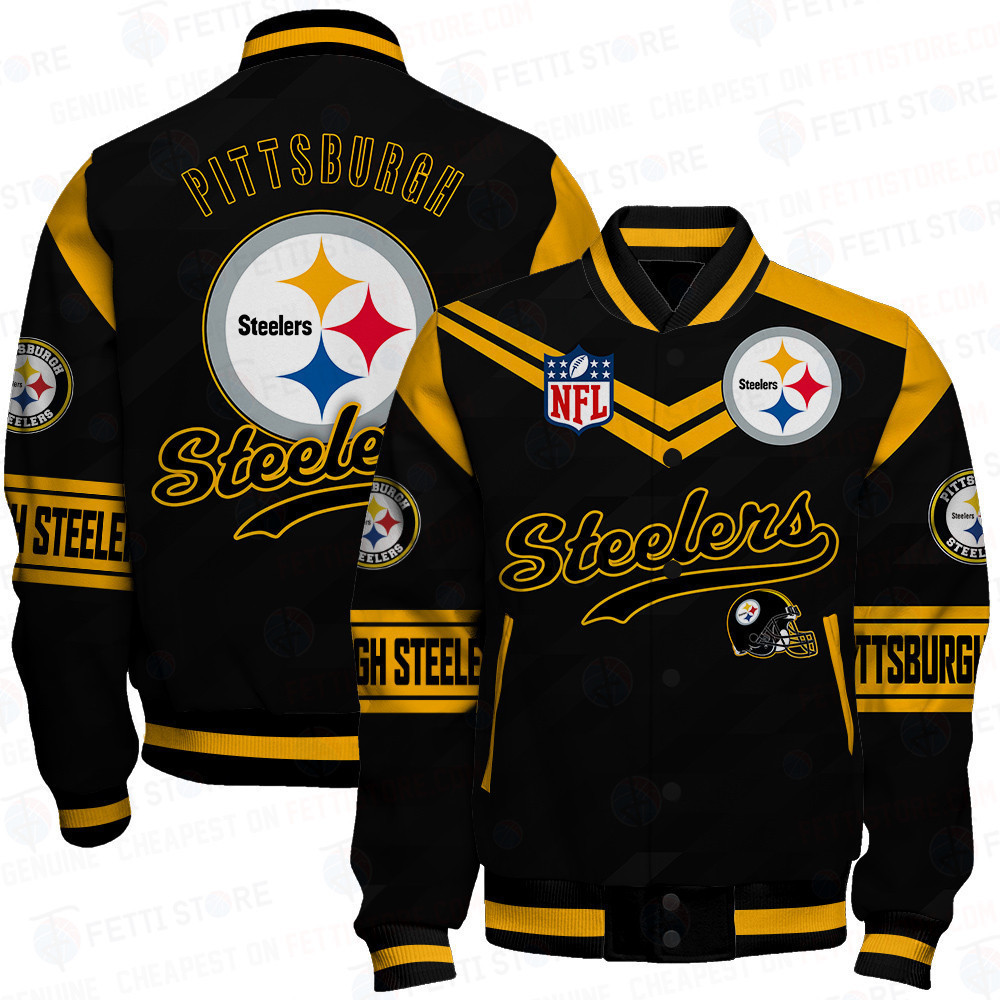 Pittsburgh Steelers American Football League Pattern Varsity Jacket SH1 V2 - Famjoys Pittsburgh Steelers American Football League Pattern Varsity Jacket SH1 V2 - Famjoys