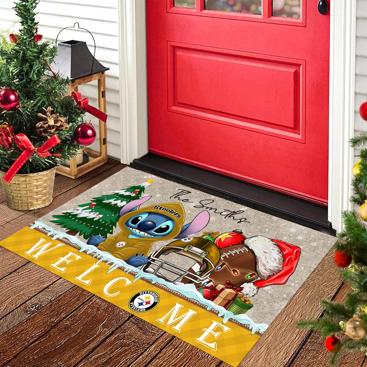 Pittsburgh Steelers Cute Stitch Christmas Doormat - Famjoys Pittsburgh Steelers Cute Stitch Christmas Doormat - Famjoys