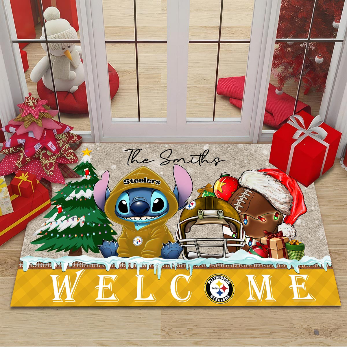 Pittsburgh Steelers Cute Stitch Christmas Doormat - Famjoys Pittsburgh Steelers Cute Stitch Christmas Doormat - Famjoys