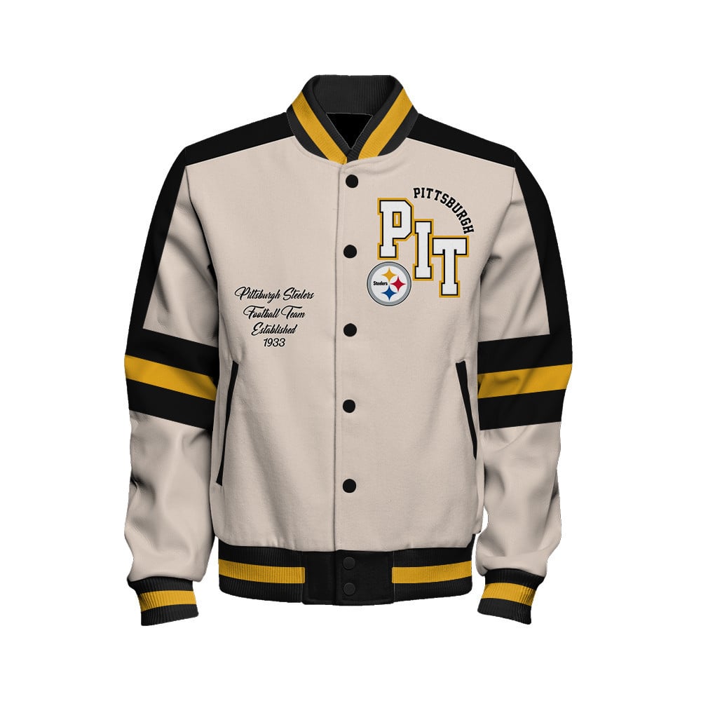 Pittsburgh Steelers - Feel The Power Unisex Varsity Jacket - Famjoys Pittsburgh Steelers - Feel The Power Unisex Varsity Jacket - Famjoys