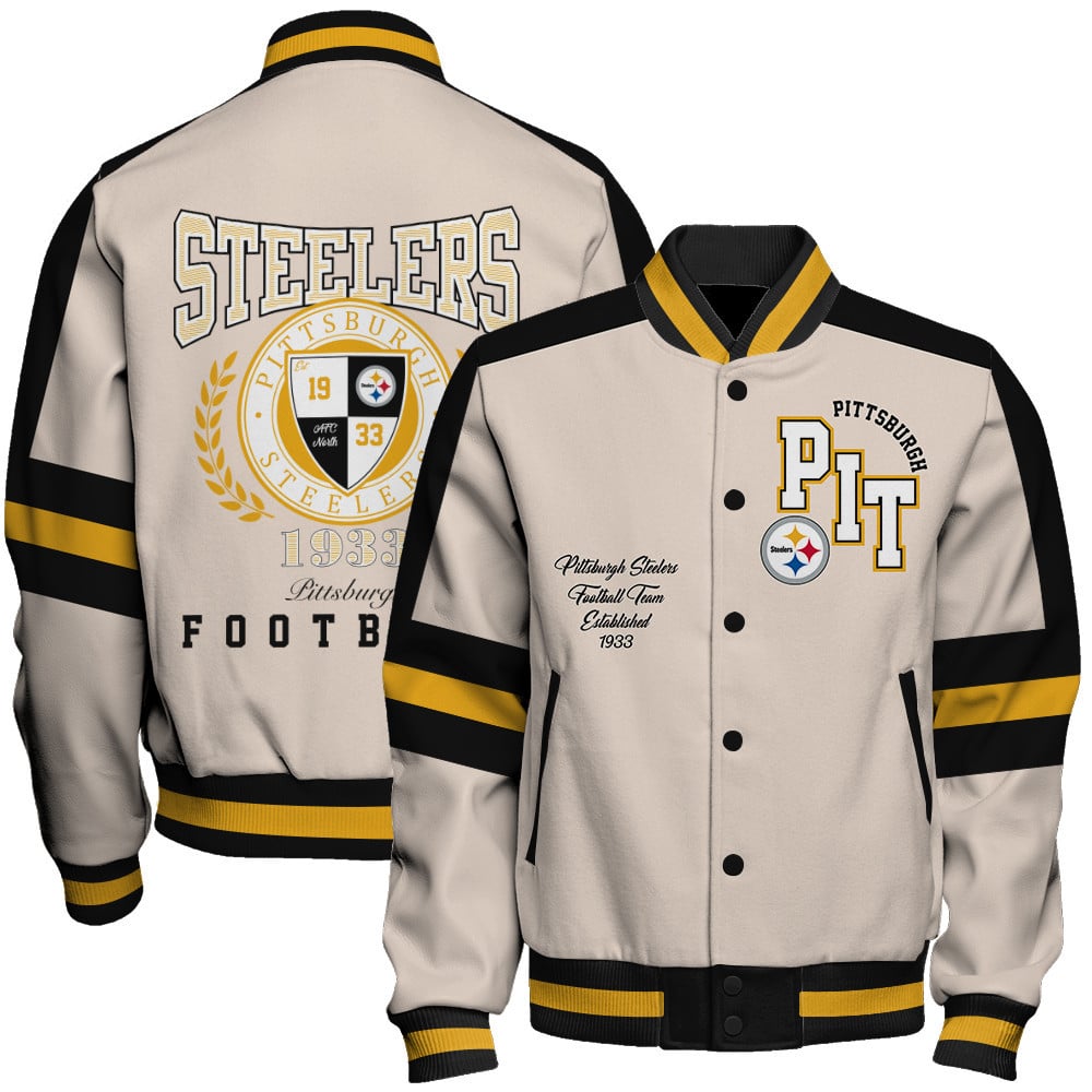 Pittsburgh Steelers - Feel The Power Unisex Varsity Jacket - Famjoys Pittsburgh Steelers - Feel The Power Unisex Varsity Jacket - Famjoys