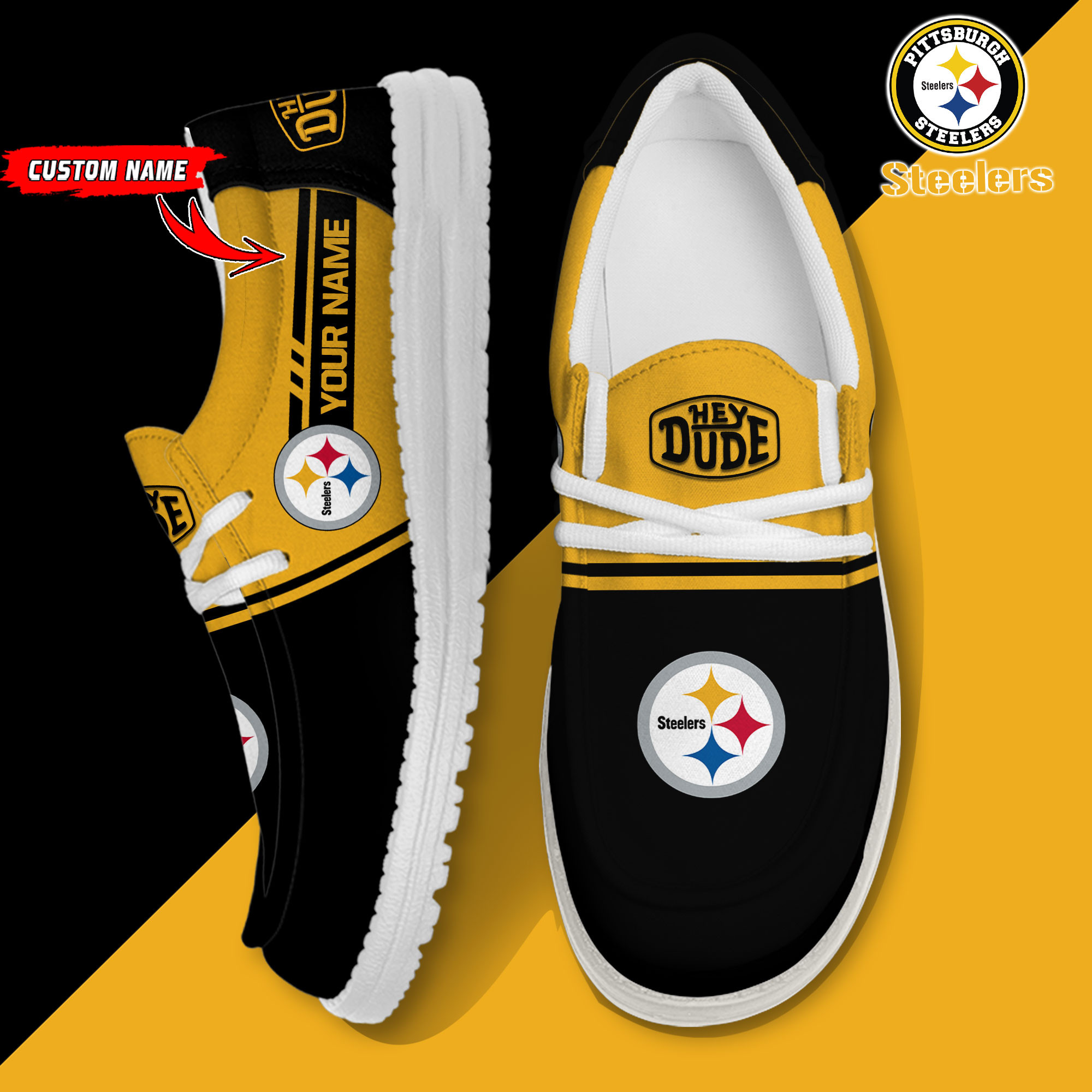 Pittsburgh Steelers Football Hey Dude Canvas Loafer Shoes – Custom Name - Famjoys Pittsburgh Steelers Football Hey Dude Canvas Loafer Shoes – Custom Name - Famjoys