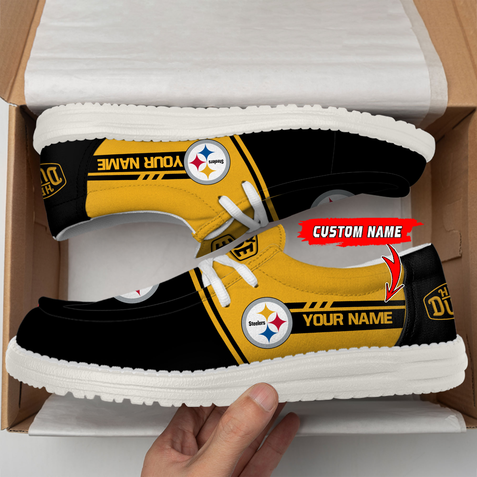 Pittsburgh Steelers Football Hey Dude Canvas Loafer Shoes – Custom Name - Famjoys Pittsburgh Steelers Football Hey Dude Canvas Loafer Shoes – Custom Name - Famjoys