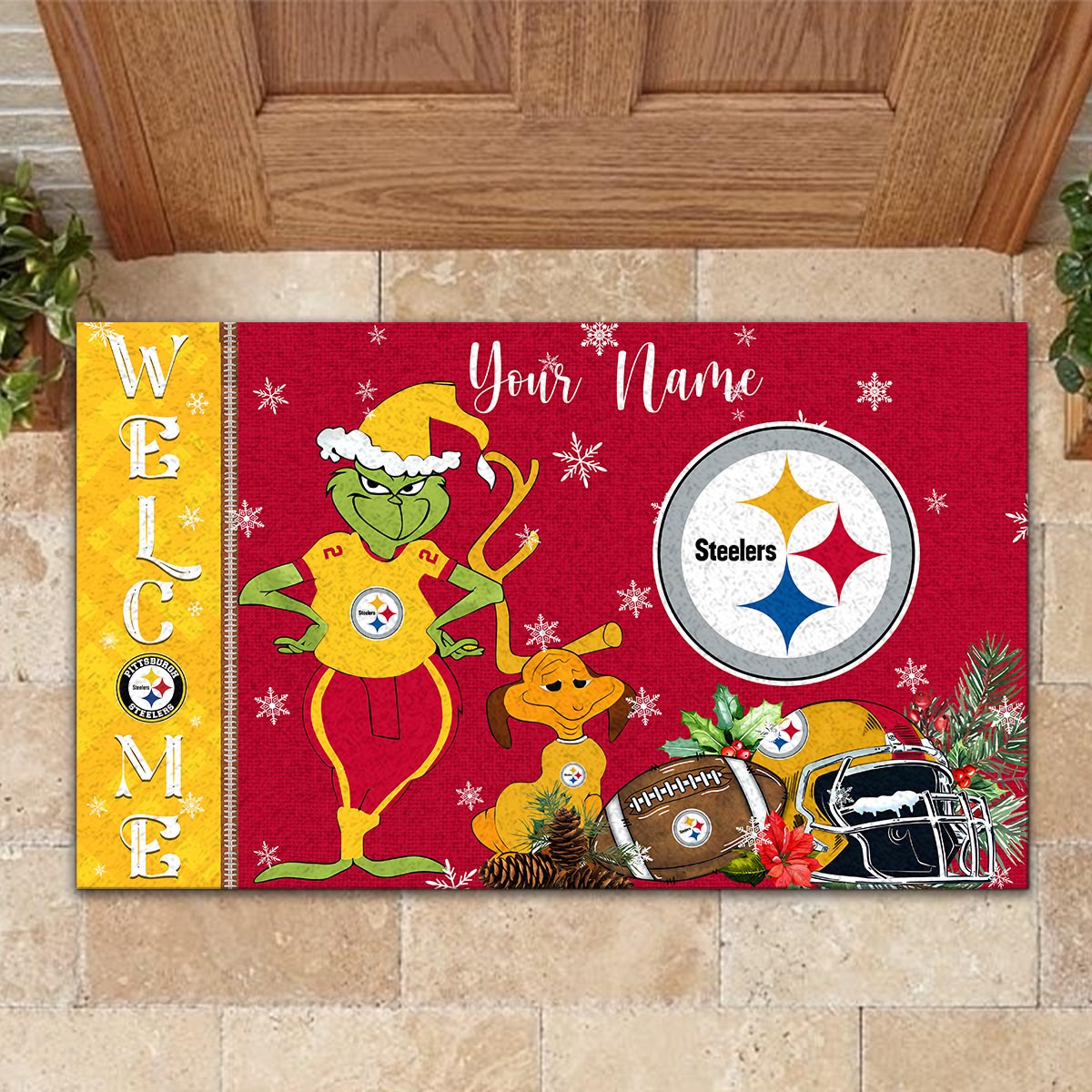 Pittsburgh Steelers Grinch Christmas Welcome Football Doormat - Famjoys Pittsburgh Steelers Grinch Christmas Welcome Football Doormat - Famjoys