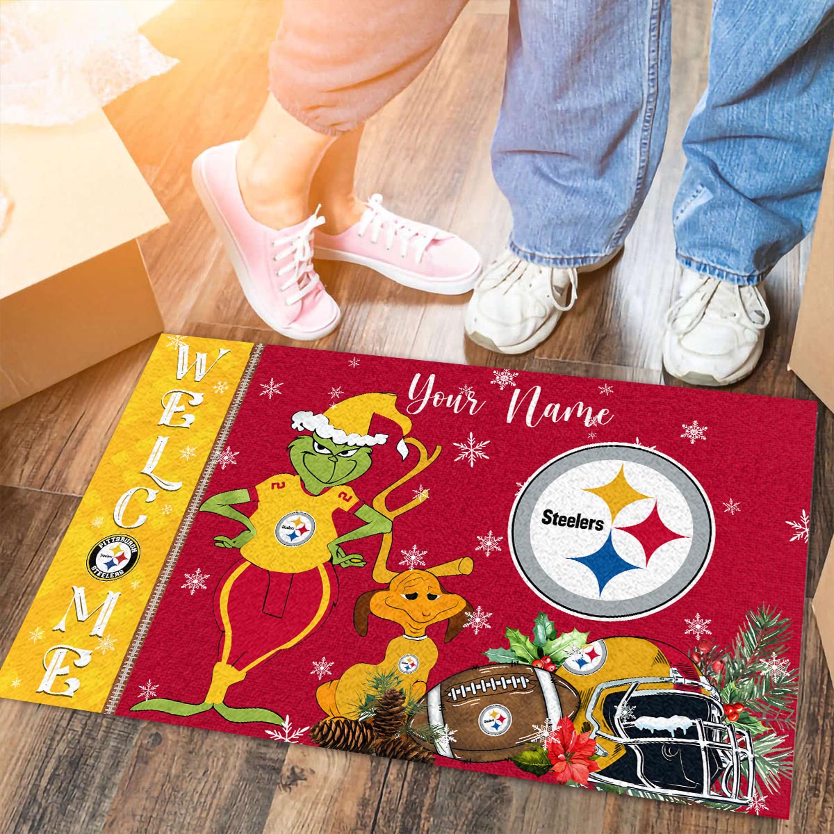Pittsburgh Steelers Grinch Christmas Welcome Football Doormat - Famjoys Pittsburgh Steelers Grinch Christmas Welcome Football Doormat - Famjoys