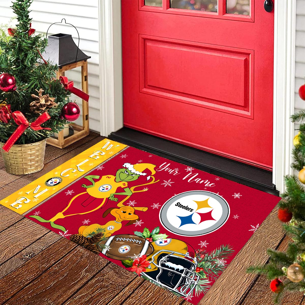 Pittsburgh Steelers Grinch Christmas Welcome Football Doormat - Famjoys Pittsburgh Steelers Grinch Christmas Welcome Football Doormat - Famjoys