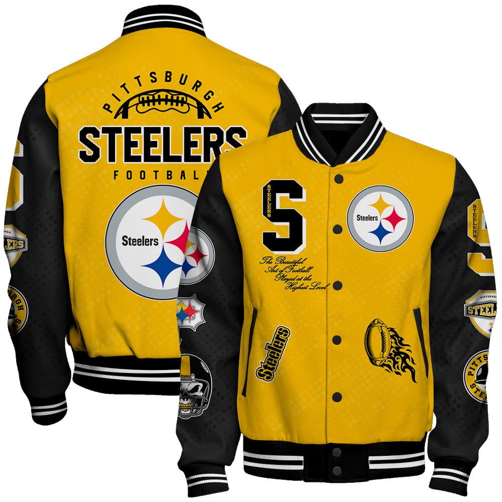 Pittsburgh Steelers National Football League Pattern Varsity Jacket V13 - Famjoys Pittsburgh Steelers National Football League Pattern Varsity Jacket V13 - Famjoys