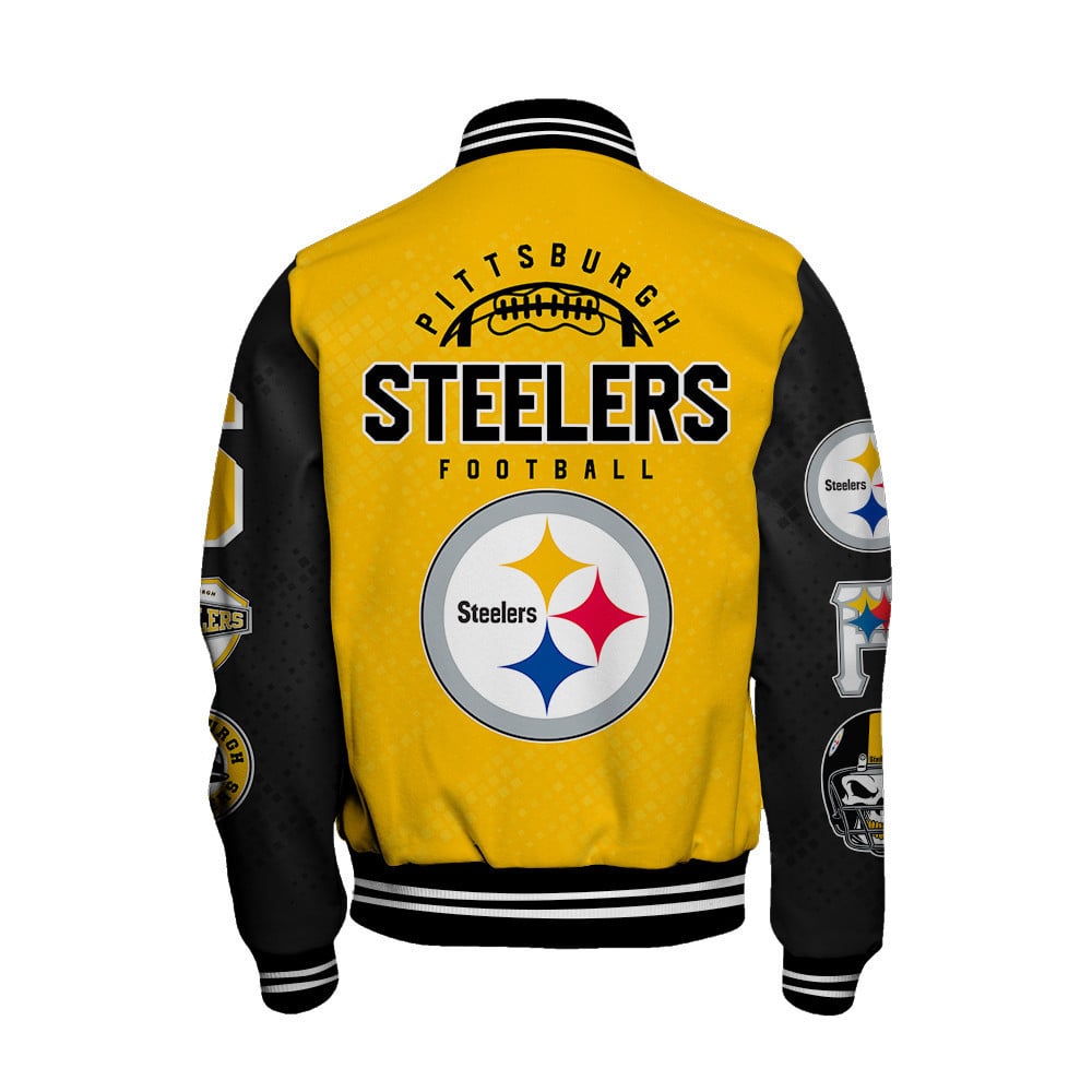 Pittsburgh Steelers National Football League Pattern Varsity Jacket V13 - Famjoys Pittsburgh Steelers National Football League Pattern Varsity Jacket V13 - Famjoys
