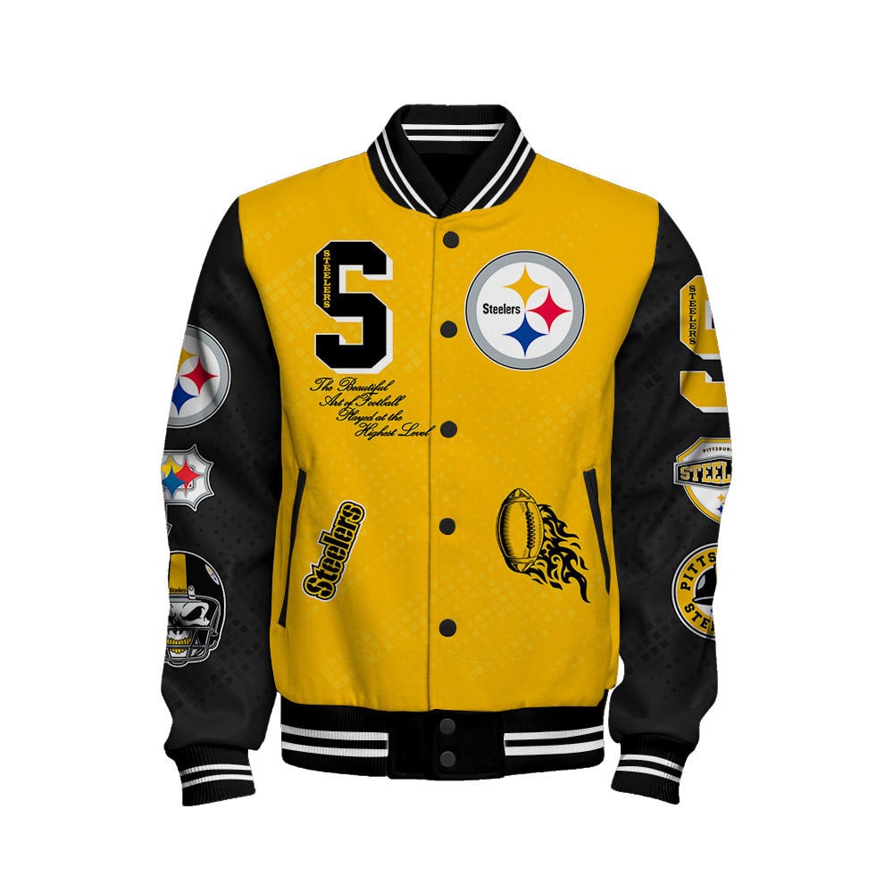 Pittsburgh Steelers National Football League Pattern Varsity Jacket V13 - Famjoys Pittsburgh Steelers National Football League Pattern Varsity Jacket V13 - Famjoys