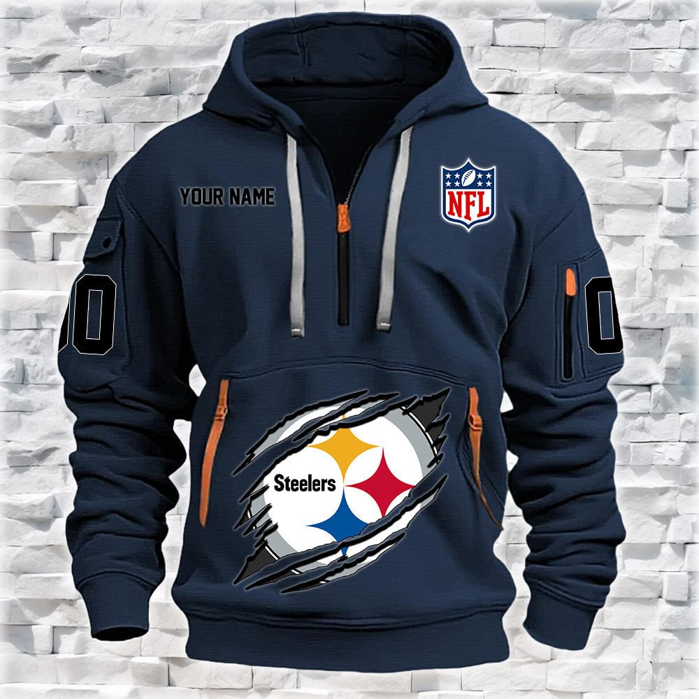 Pittsburgh Steelers New Personalized Quarter Zip Hoodie NA012 - Famjoys Pittsburgh Steelers New Personalized Quarter Zip Hoodie NA012 - Famjoys