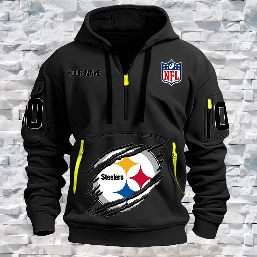 Pittsburgh Steelers New Personalized Quarter Zip Hoodie NA012 - Famjoys Pittsburgh Steelers New Personalized Quarter Zip Hoodie NA012 - Famjoys