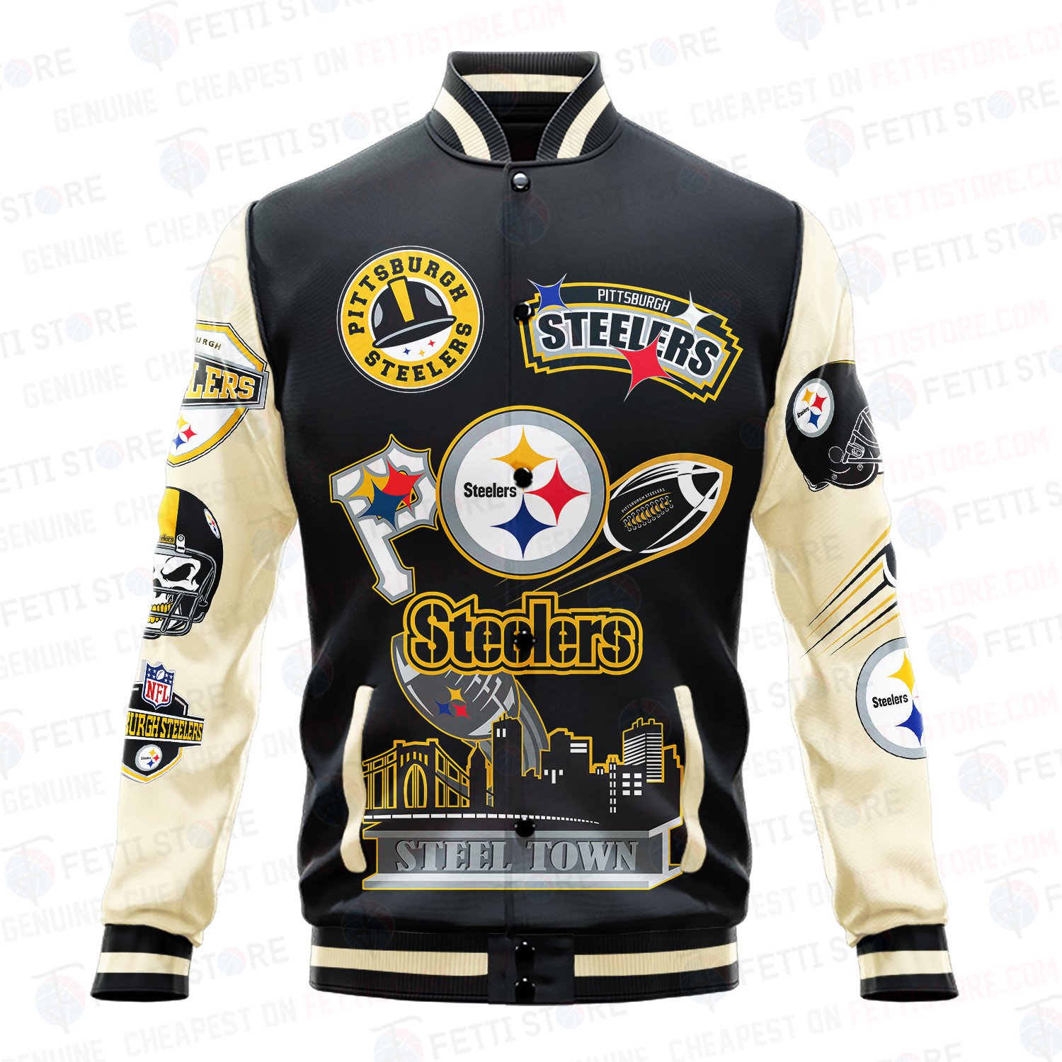Pittsburgh Steelers Pattern Varsity Jacket - Famjoys Pittsburgh Steelers Pattern Varsity Jacket - Famjoys