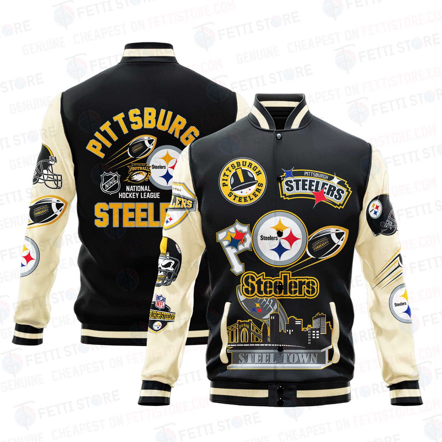 Pittsburgh Steelers Pattern Varsity Jacket - Famjoys Pittsburgh Steelers Pattern Varsity Jacket - Famjoys