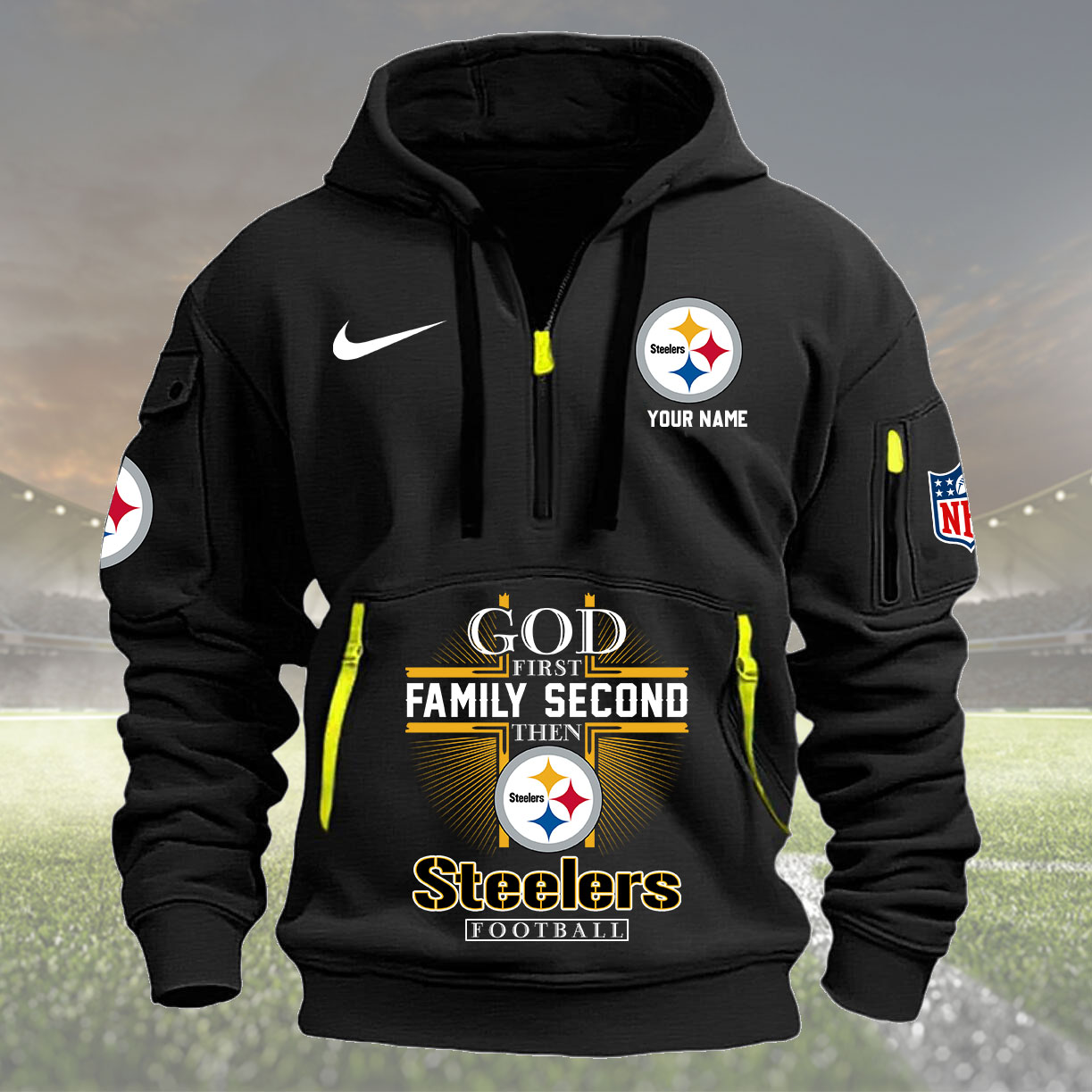 Pittsburgh Steelers Personalized Quarter Zip Hoodie New Collection AZBTQZH000265 - Famjoys Pittsburgh Steelers Personalized Quarter Zip Hoodie New Collection AZBTQZH000265 - Famjoys