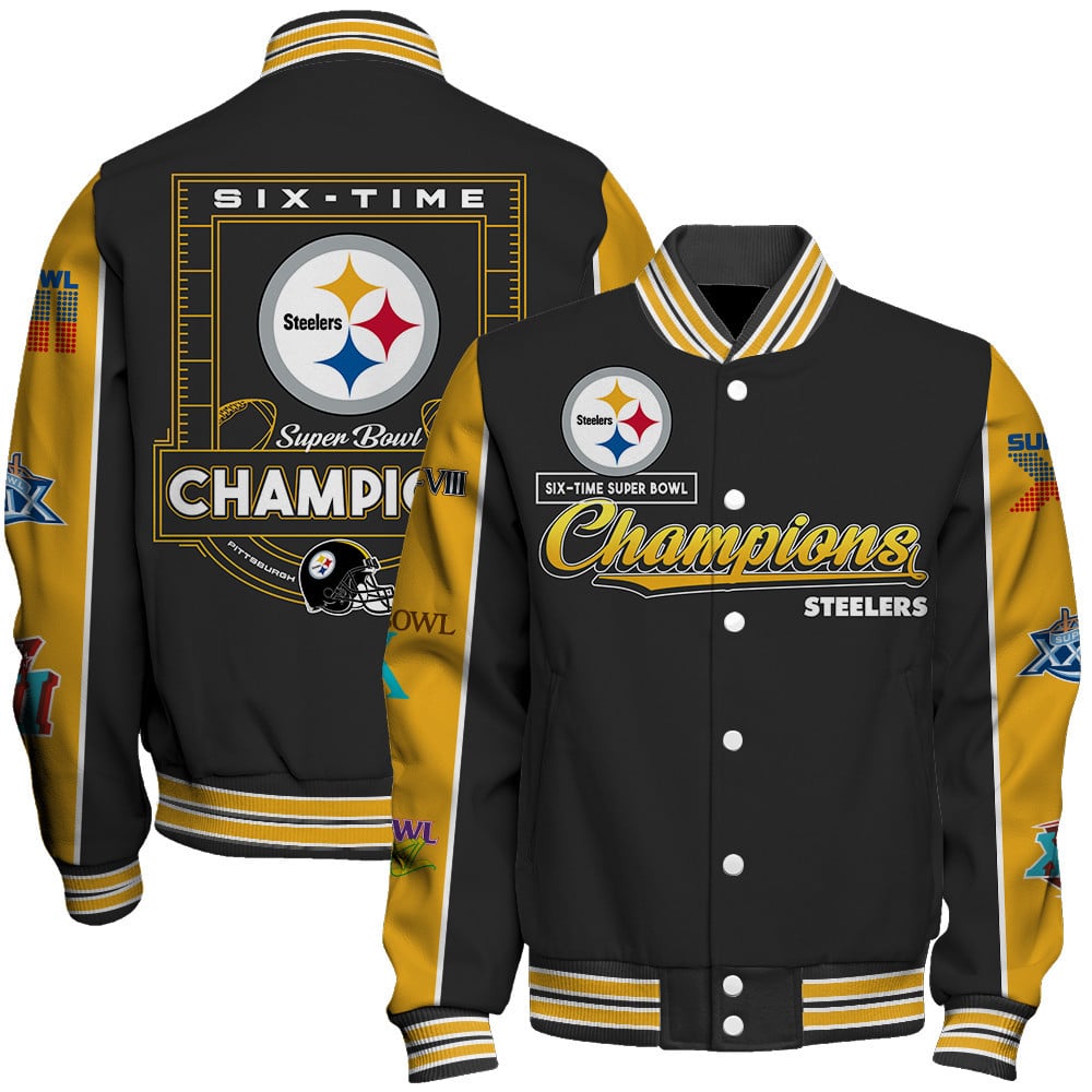 Pittsburgh Steelers Super Bowl Champions Live For These Colors Varsity Jacket - Famjoys Pittsburgh Steelers Super Bowl Champions Live For These Colors Varsity Jacket - Famjoys
