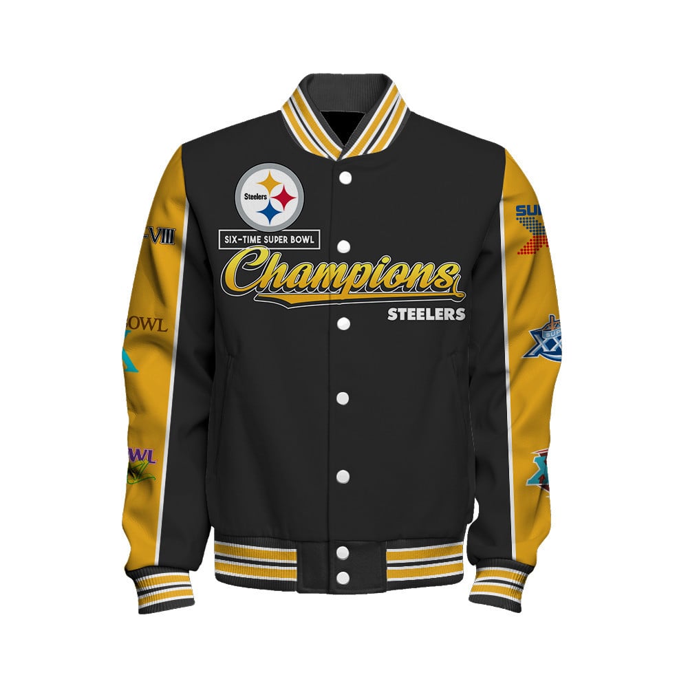 Pittsburgh Steelers Super Bowl Champions Live For These Colors Varsity Jacket - Famjoys Pittsburgh Steelers Super Bowl Champions Live For These Colors Varsity Jacket - Famjoys
