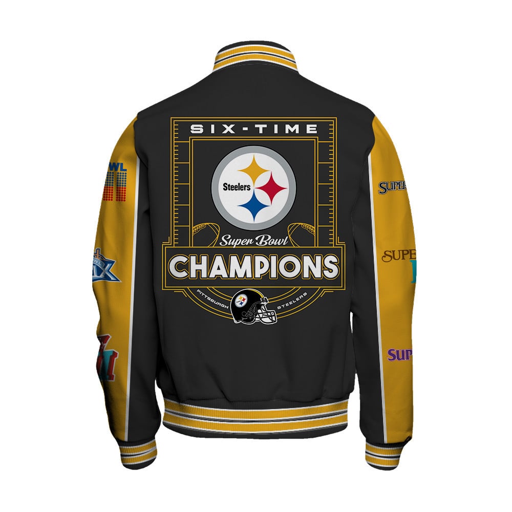 Pittsburgh Steelers Super Bowl Champions Live For These Colors Varsity Jacket - Famjoys Pittsburgh Steelers Super Bowl Champions Live For These Colors Varsity Jacket - Famjoys