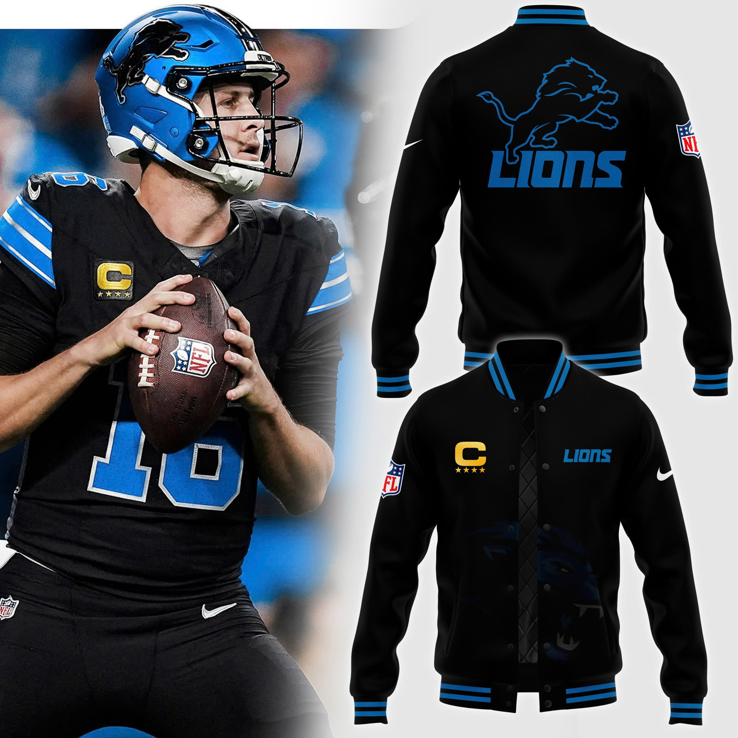 Pro Line by JH Design Black Detroit Lions Full-Bomber Lightweight Jacket V2 - Famjoys Pro Line by JH Design Black Detroit Lions Full-Bomber Lightweight Jacket V2 - Famjoys