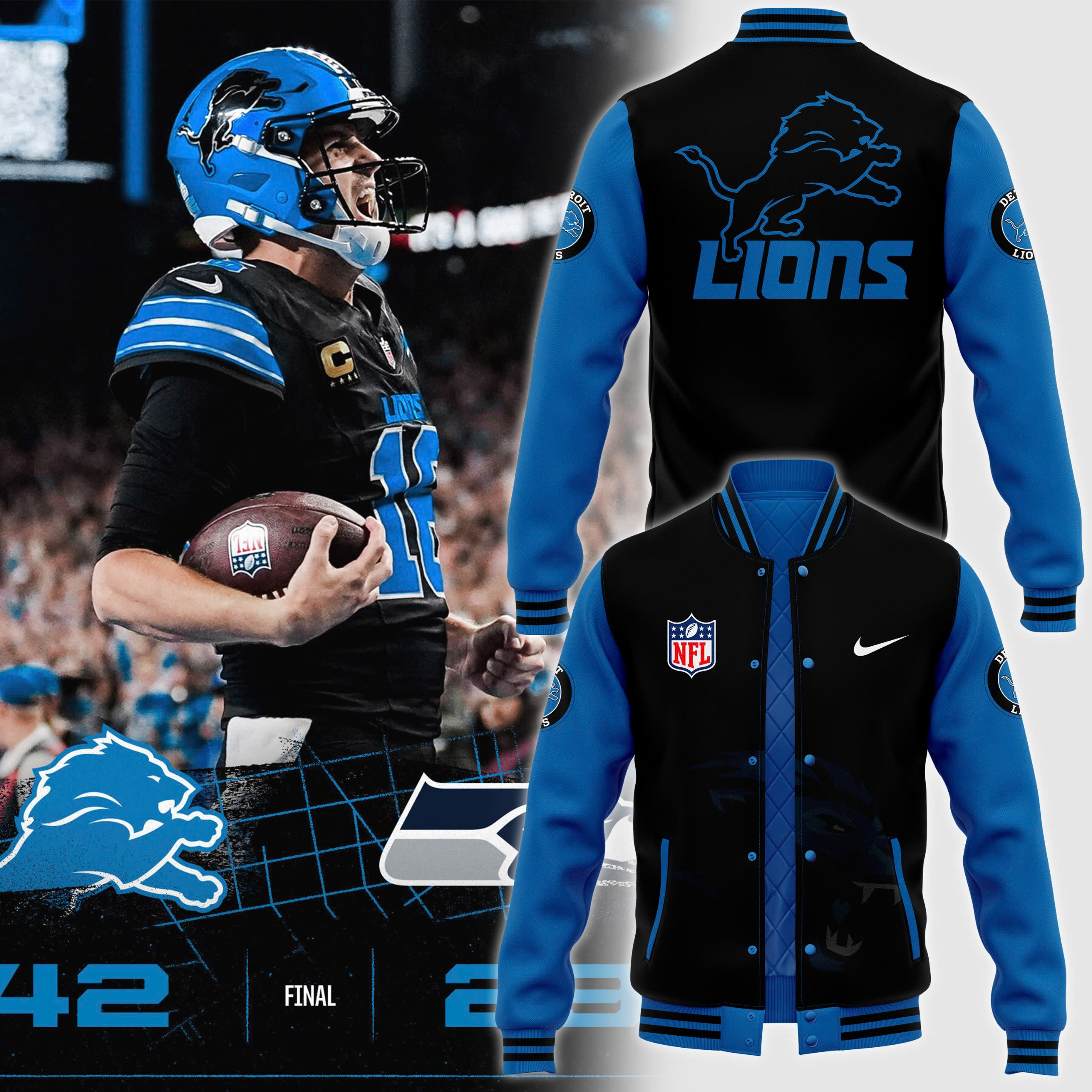 Pro Line by JH Design Black x Blue Detroit Lions Full-Bomber Lightweight Jacket - Famjoys Pro Line by JH Design Black x Blue Detroit Lions Full-Bomber Lightweight Jacket - Famjoys
