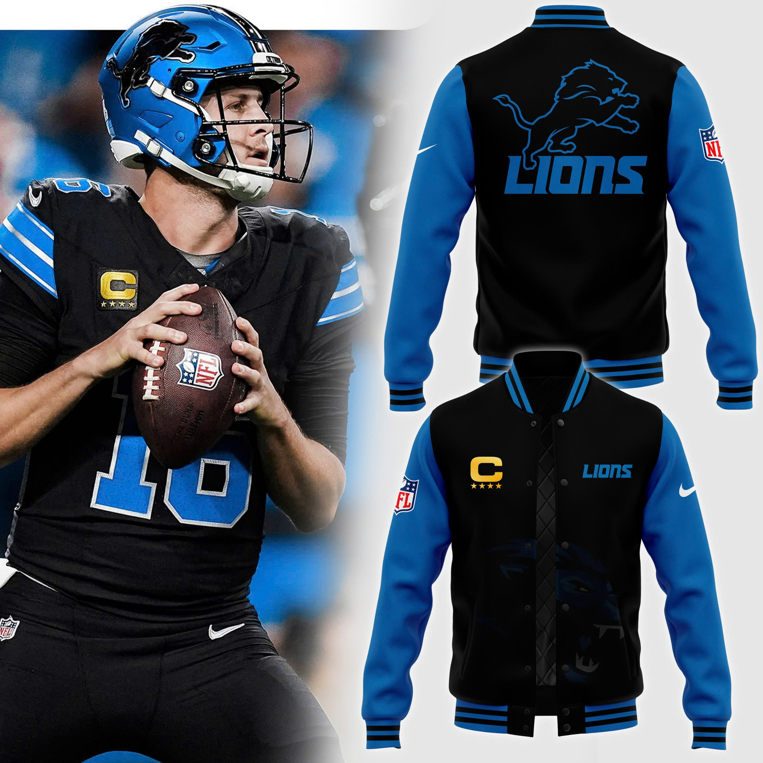 Pro Line by JH Design Black x Blue Detroit Lions Full-Bomber Lightweight Jacket V2 - Famjoys Pro Line by JH Design Black x Blue Detroit Lions Full-Bomber Lightweight Jacket V2 - Famjoys