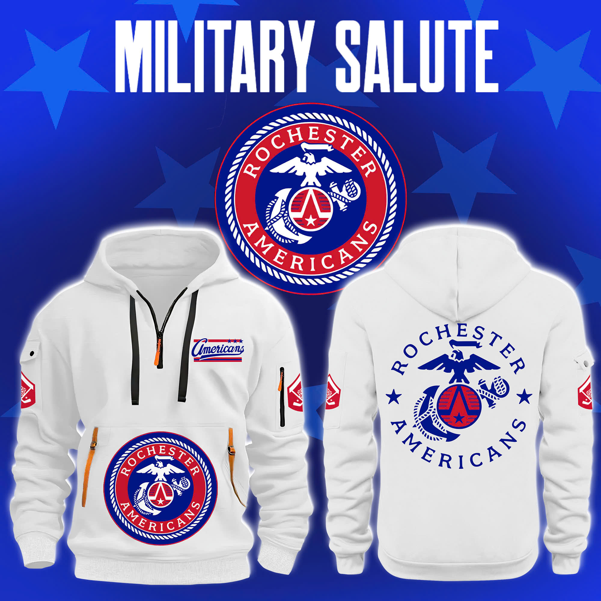 Rochester Americans Military Salute Navy H115 New Hoodie Limited - Famjoys Rochester Americans Military Salute Navy H115 New Hoodie Limited - Famjoys