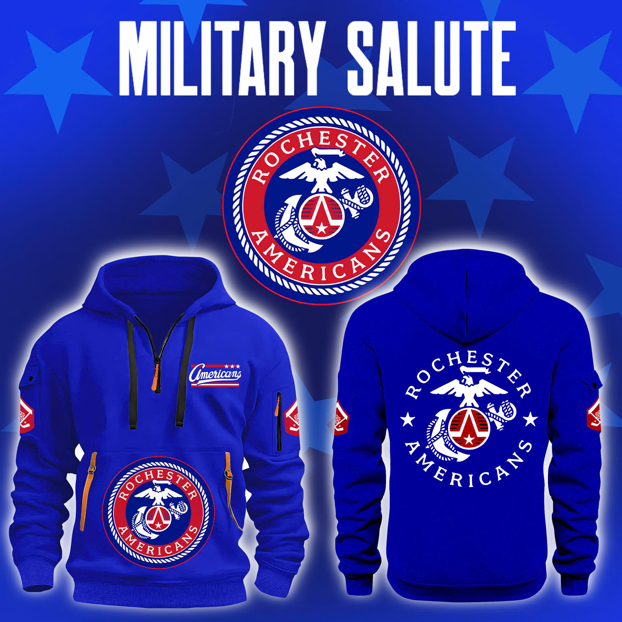 Rochester Americans Military Salute Navy H115 New Hoodie Limited - Famjoys Rochester Americans Military Salute Navy H115 New Hoodie Limited - Famjoys