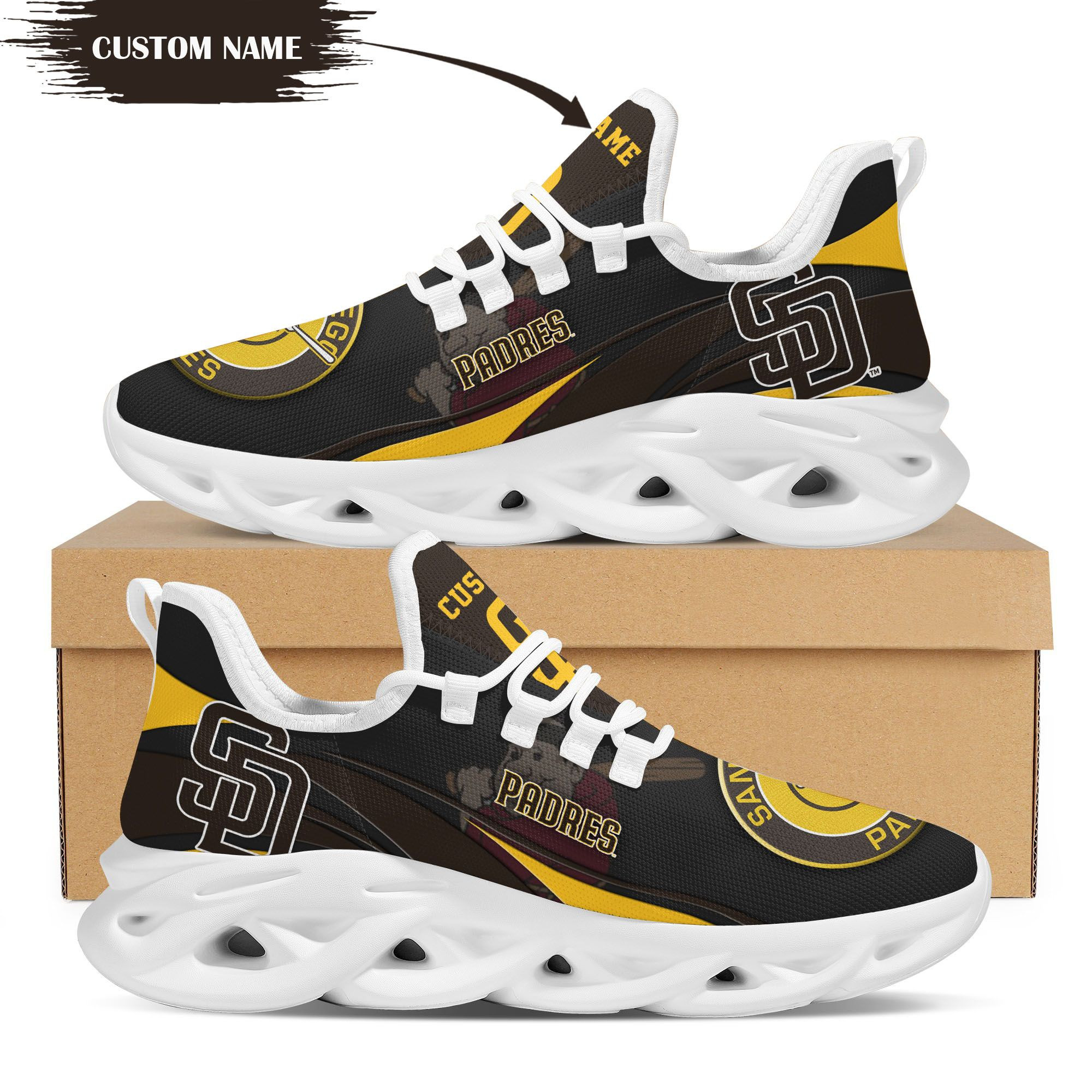 San Diego Padres Mascot Custom Name Personalized Max Soul Sneakers - Famjoys San Diego Padres Mascot Custom Name Personalized Max Soul Sneakers - Famjoys