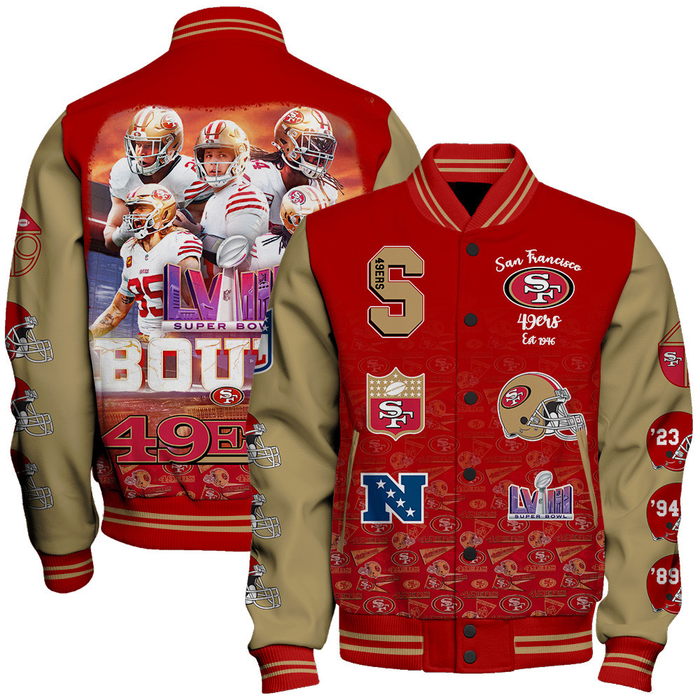 San Francisco 49ers Bound Super Bowl LVIII Unisex Varsity Jacket - Famjoys San Francisco 49ers Bound Super Bowl LVIII Unisex Varsity Jacket - Famjoys