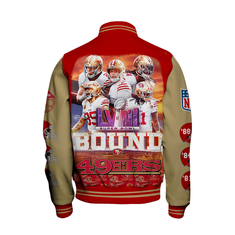 San Francisco 49ers Bound Super Bowl LVIII Unisex Varsity Jacket - Famjoys San Francisco 49ers Bound Super Bowl LVIII Unisex Varsity Jacket - Famjoys