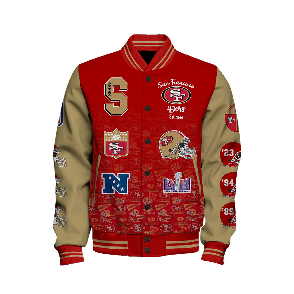 San Francisco 49ers Bound Super Bowl LVIII Unisex Varsity Jacket - Famjoys San Francisco 49ers Bound Super Bowl LVIII Unisex Varsity Jacket - Famjoys