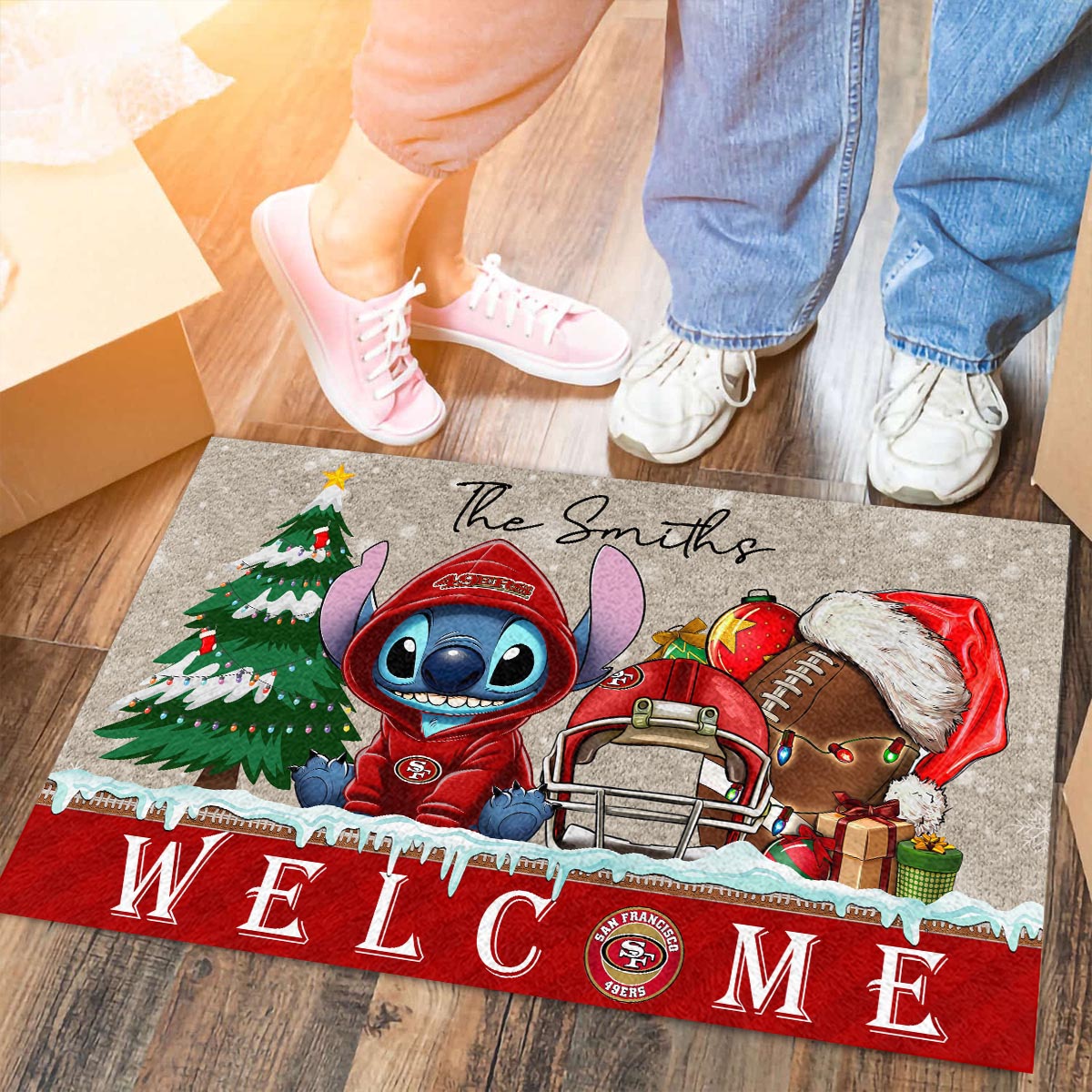 San Francisco 49ers Cute Stitch Christmas Doormat - Famjoys San Francisco 49ers Cute Stitch Christmas Doormat - Famjoys